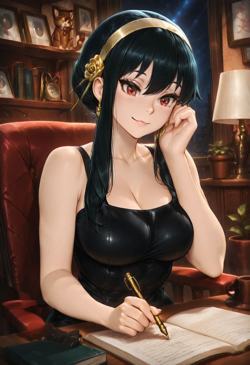 masterpiece, best quality, solo, curvy, beautiful eyes, narrow waist, wide hips, 1girl, solo, smile, looking at viewer, foreshortening, close up,     zzYor, red eyes, black hair, short hair with long locks, sidelocks, black dress, hairband, hair ornament, flower, bare shoulders, gold hairband, hair flower   <lora:YorForgerSpyFamilyZAP_IXL:1.0>, , zzLofi, sitting, side view, desk, chair, book, bookshelf, head rest, holding, holding pen, lamp, night, open book, pen, plant, potted plant, sky, star (sky), starry sky, window, windowsill, writing, <lora:LofiGirl_Style_IXL:0.8>,
