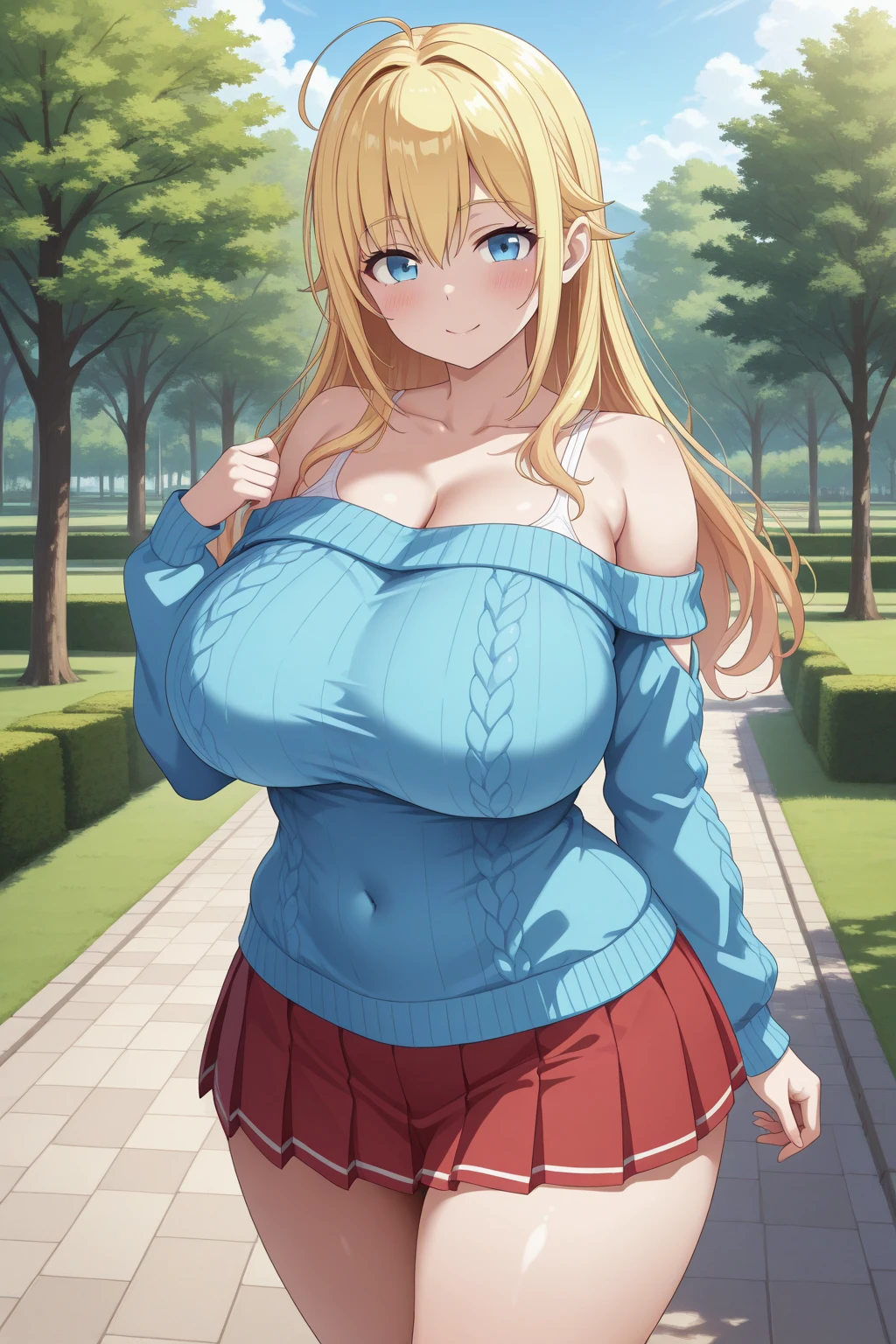 (masterpiece:1.2),(high detailed skin:1.1),( high quality:1.1), 
serena, blond hair, long hair, blue eyes, brown hair,eyewear on head, hat, skirt, sunglasses, shirt, black shirt, sleeveless, red skirt, thigh highs, pink hat,mediterranean town, outside outdoor cafe,coffee,sunshine,  blurry background,,(looking at viewer, standing,:1.1),, (large breast,:0.9),(soft shaded neon light:1.1), breast tent, thick thighs