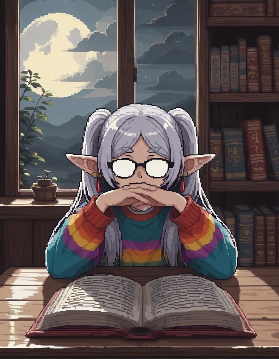 <lora:illustriousXLv01_stabilizer_v1.165c:0.6>1girl,frieren,long hair,gendou pose,upper body,rainbow sweater,opaque glasses,indoors,moon,cloud,night,pixel art,masterpiece,book,