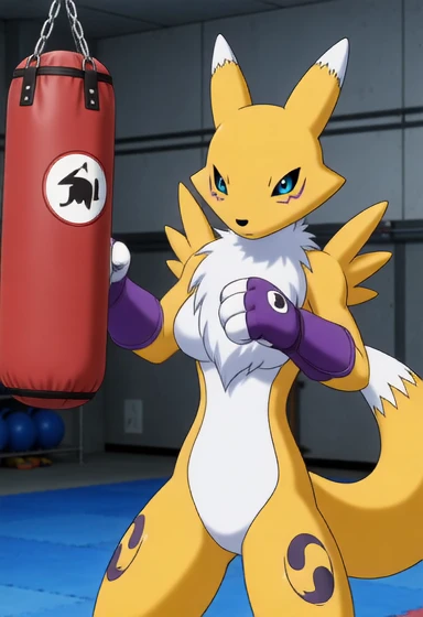 r3n4m0n2003, an anthro furry digimon fox girl of a Renamon Digimon is fighting and hitting with a punching bag, detailed background, animation, cartoon, blue eyes, tail, sports hall, training, sweat, body movement, action,