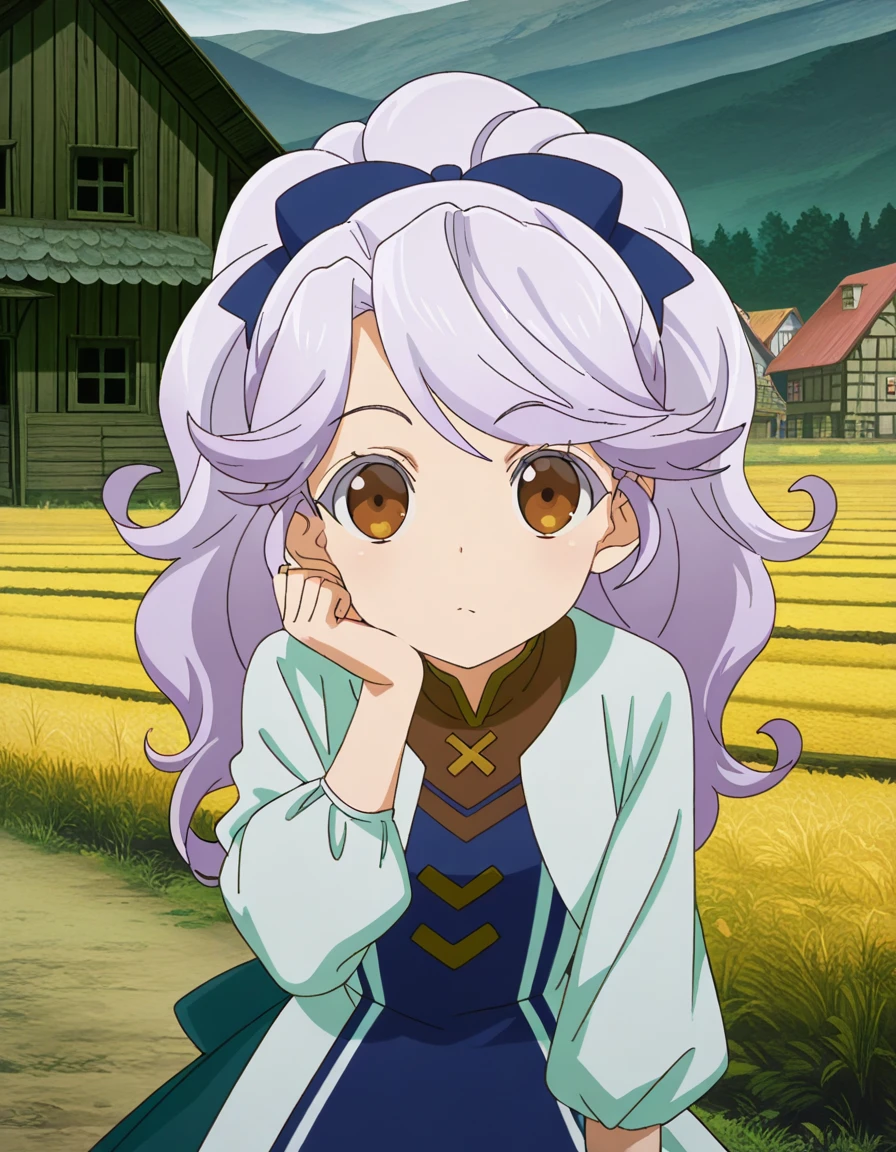 masterpiece, best quality, amazing quality,, <lora:josephine-mille-morteln-s1-illustriousxl-lora-nochekaiser:1>, josephine mille morteln, long hair, brown eyes, purple hair, ponytail, hair bow, blue bow, anime screencap, long sleeves, dress, cropped jacket, white jacket, blue dress, , head rest, rural, fields, houses, countryside, quiet, cowboy shot, solo, looking at viewer,