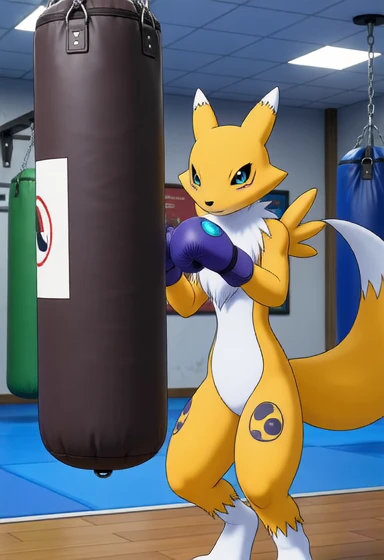 r3n4m0n2003, an anthro furry digimon fox girl of a Renamon Digimon is fighting and hitting with a punching bag with the foot hit, detailed background, animation, cartoon, blue eyes, tail, sports hall, training, sweat, body movement, action,