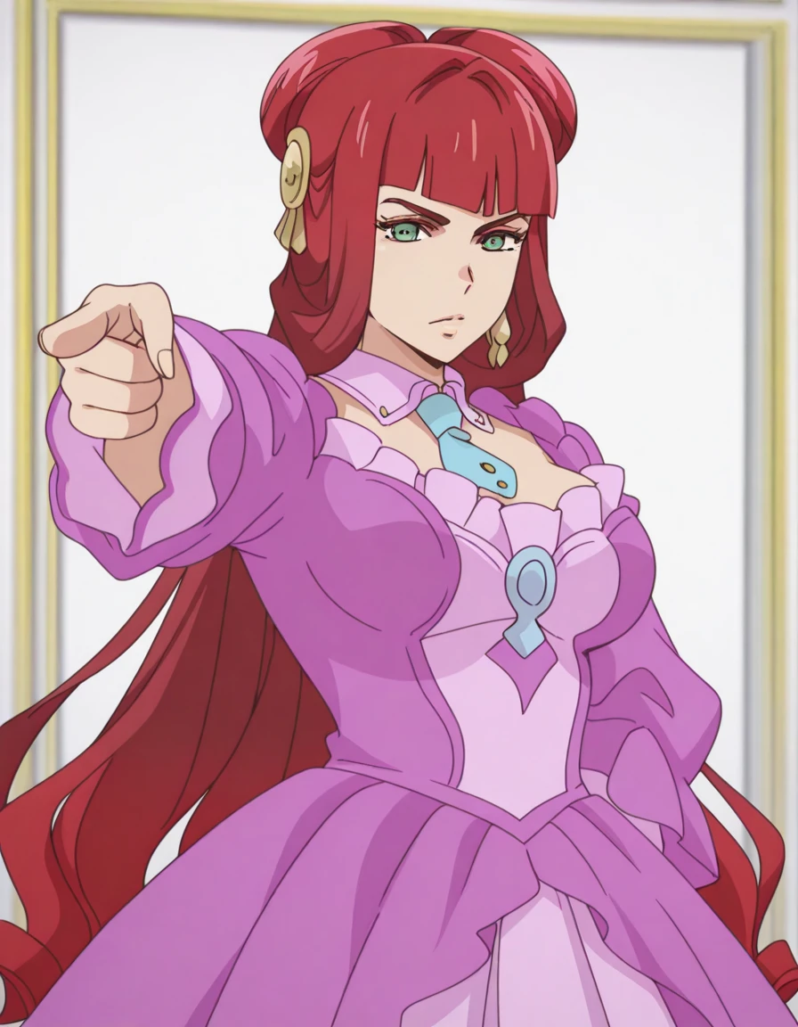 masterpiece, best quality, amazing quality,, <lora:brioche-salgret-mille-leteche-s1-illustriousxl-lora-nochekaiser:1>, brioche salgret mille leteche, hair ornament, very long hair, green eyes, red hair, blunt bangs, hair bun, double hair bun, mature female, breasts, anime screencap, <lora:victorian-illustriousxl-lora-nochekaiser:1>, victorian, collared dress, necktie, pleated skirt, gloves, <lora:jotaro-kujo-pose-illustriousxl-lora-nochekaiser:1>, jotaro kujo pose, kujo jotaro's pose (jojo), jojo pose, pointing, pointing at viewer, cowboy shot, ,