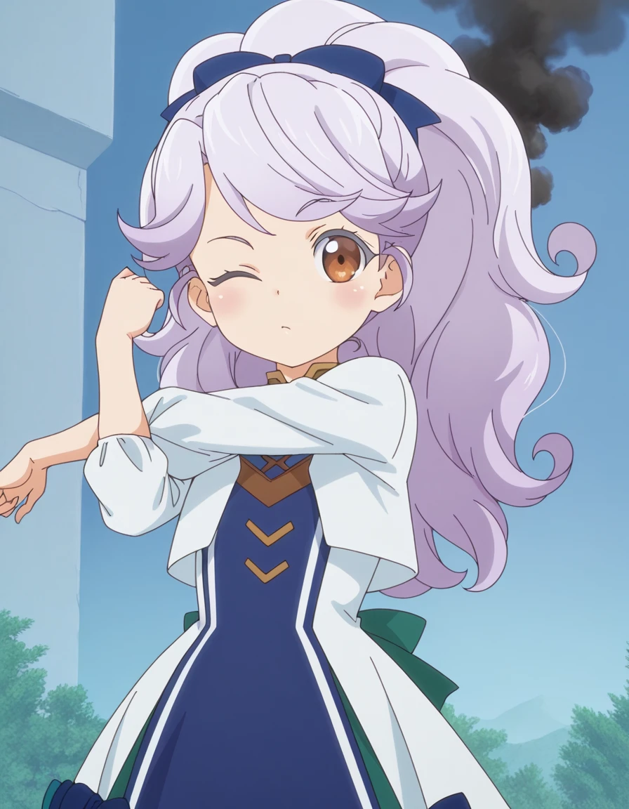 masterpiece, best quality, amazing quality,, <lora:josephine-mille-morteln-s1-illustriousxl-lora-nochekaiser:1>, josephine mille morteln, long hair, brown eyes, purple hair, ponytail, hair bow, blue bow, anime screencap, long sleeves, dress, cropped jacket, white jacket, blue dress, , <lora:cross-body-stretch-illustriousxl-lora-nochekaiser:1>, cross-body stretch, stretching, arm across chest, exercising, cowboy shot, blush, one eye closed, cooling tower, smoke, power, plant, height, cowboy shot, solo, looking at viewer,