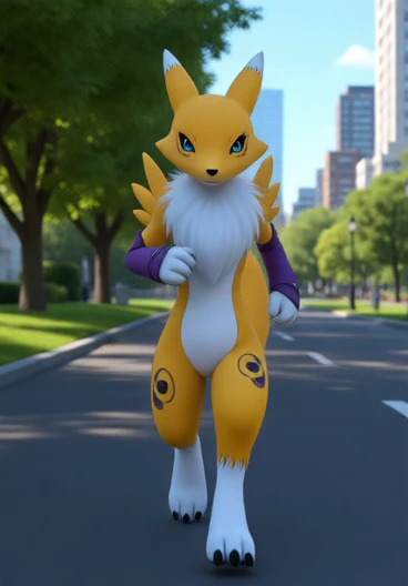 r3n4m0n2003, an anthro furry digimon fox girl of a Renamon Digimon is just running in the park New York, detailed background, animation, cartoon, blue eyes, tail,
