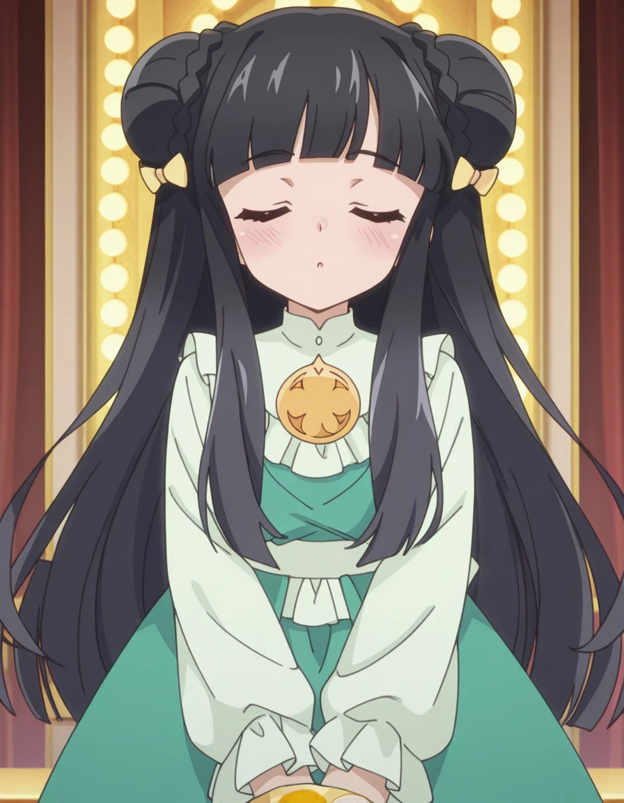 masterpiece, best quality, amazing quality,, <lora:licorice-mille-hubarek-s1-illustriousxl-lora-nochekaiser:1>, licorice mille hubarek, long hair, black hair, bow, very long hair, purple eyes, hair bow, blunt bangs, hair bun, double bun, sidelocks, yellow bow, braid, anime screencap, long sleeves, dress, green dress, frilled sleeves,, <lora:incoming-kiss-illustriousxl-lora-nochekaiser:1>, incoming kiss, closed eyes, blush, pov, upper body, casino, games, lights, chips, luck, cowboy shot, solo, looking at viewer,