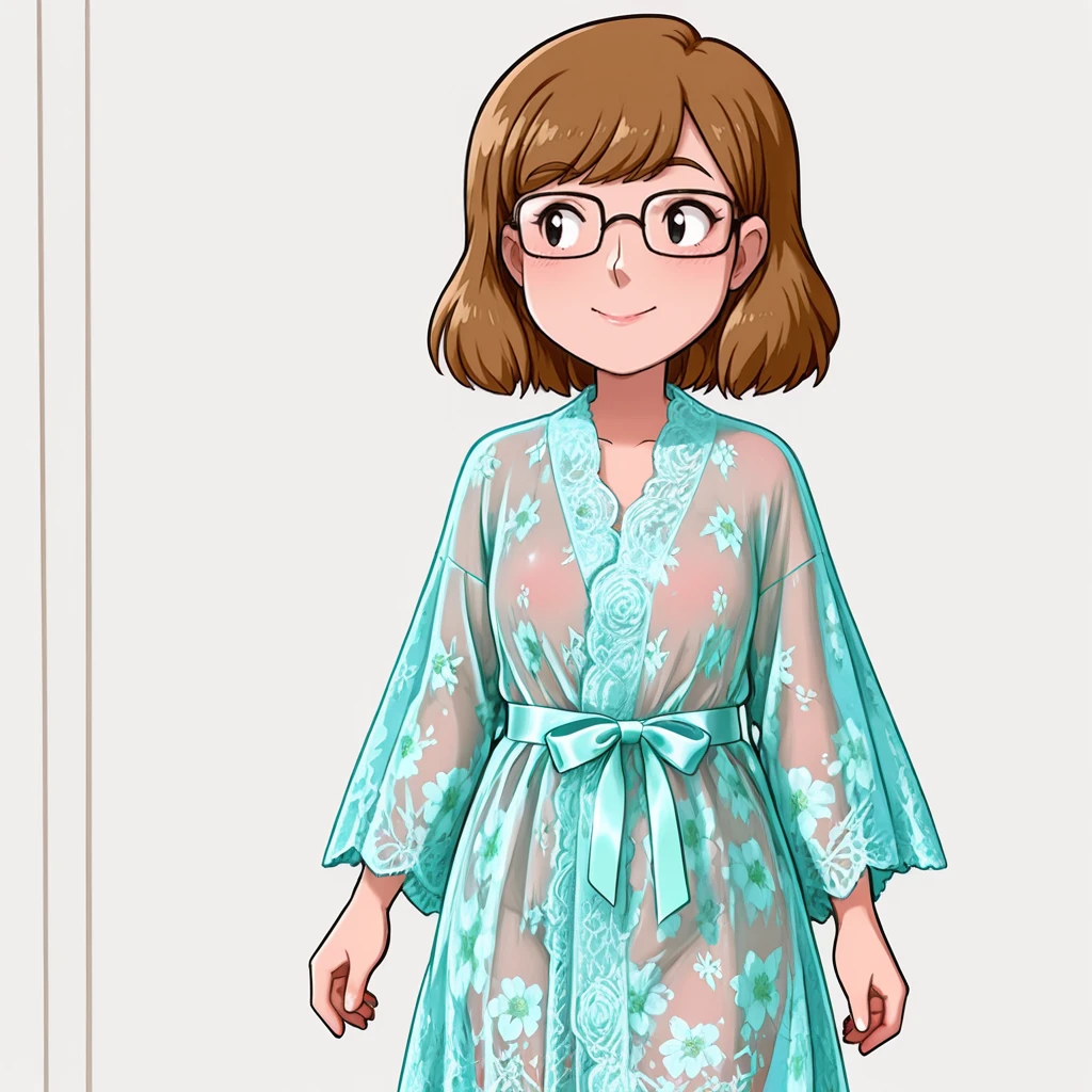 <lora:MaryLetsSpeakEnglish_illustrious_v1:1> MaryColor, 1girl, glasses, brown hair, short hair, black eyes, cowboy shot, <lora:IL_Floral_mesh_Robe_see-through:0.7> floral mesh robe, long sleeves, see-through, satin bow belt