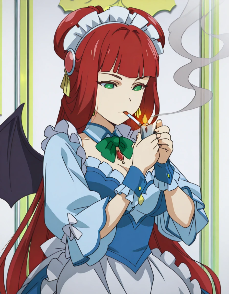 masterpiece, best quality, amazing quality,, <lora:brioche-salgret-mille-leteche-s1-illustriousxl-lora-nochekaiser:1>, brioche salgret mille leteche, hair ornament, very long hair, green eyes, red hair, blunt bangs, hair bun, double hair bun, mature female, breasts, anime screencap, <lora:sakuya-izayoi-cosplay-illustriousxl-lora-nochekaiser:1>, sakuya izayoi cosplay, izayoi sakuya (cosplay), apron, bat wings, blue skirt, blue vest, blue wrist cuffs, bow, bowtie, frilled apron, frills, frilled skirt, frilled wrist cuffs, green bowtie, maid headdress, white apron, waist apron, white headdress, wings, wrist cuffs,, <lora:lighting-cigarette-illustriousxl-lora-nochekaiser:1>, lighting cigarette, lighter, holding lighter, cigarette, smoking, fire, smoke, holding, upper body, ,