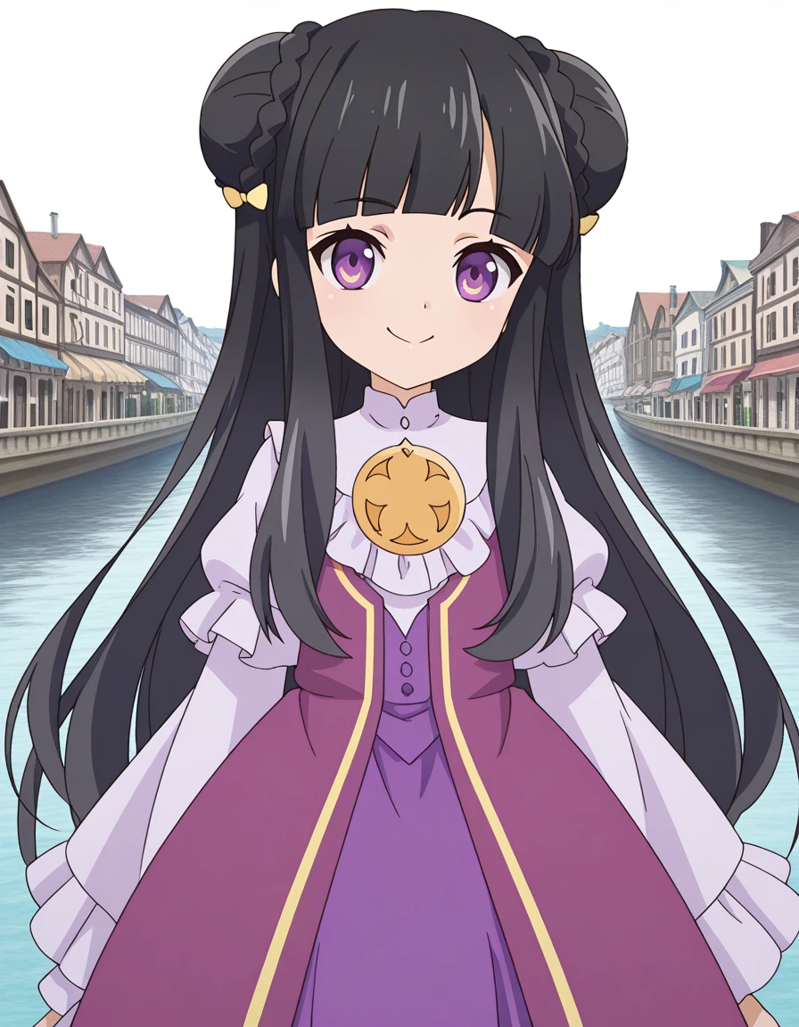 masterpiece, best quality, amazing quality,, <lora:licorice-mille-hubarek-s1-illustriousxl-lora-nochekaiser:1>, licorice mille hubarek, long hair, black hair, bow, very long hair, purple eyes, hair bow, blunt bangs, hair bun, double bun, sidelocks, yellow bow, braid, anime screencap, long sleeves, dress, short sleeves, frills, puffy sleeves, wide sleeves, frilled sleeves, purple dress, purple bow, layered sleeves, smug, canal, water, boats, city, narrow, cowboy shot, solo, looking at viewer, <lora:transparent-background-illustriousxl-lora-nochekaiser:1>, transparent background, simple background, white background