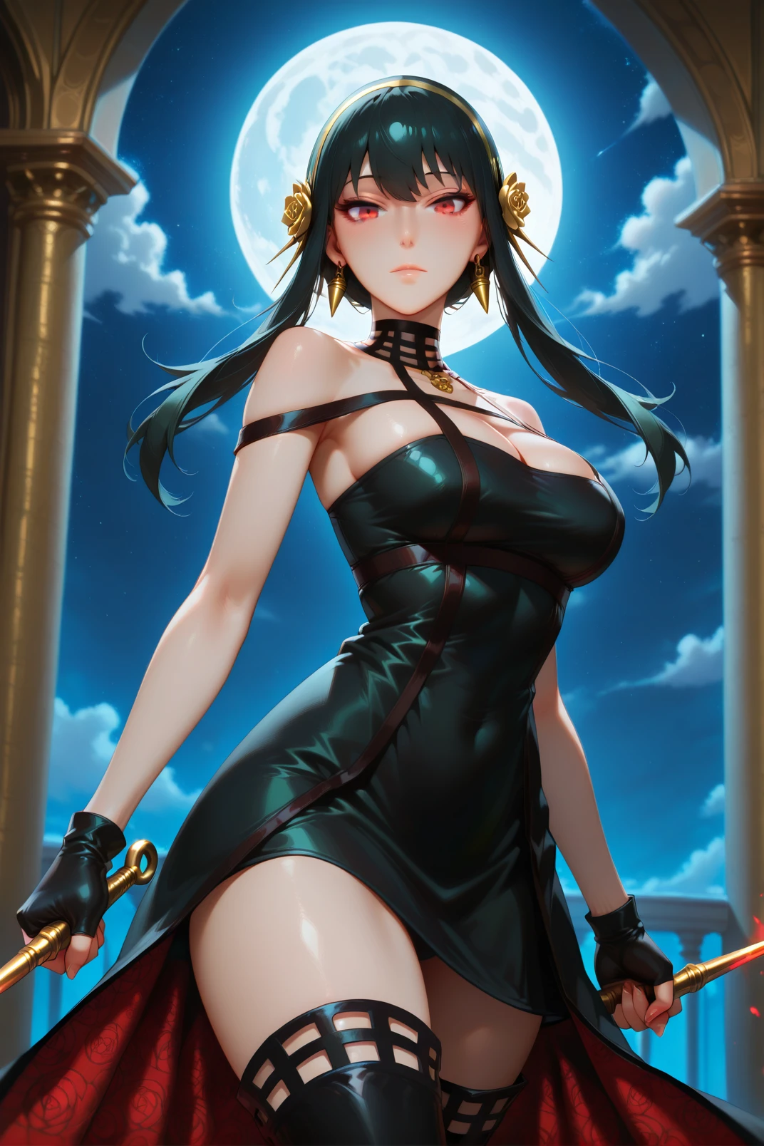 anime styled, yor briar, ultra-high-quality, ultra high detailed, The ultra -The high-definition, enticing, 魅惑的, Powerful battle scenes, Movement is visible, darkened room, Slashing, spark of light