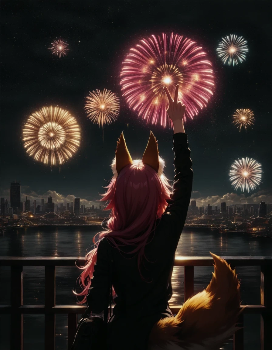 <lora:illustriousXLv01_stabilizer_v1.165c:0.8>1girl,tamamo \(fate\),upper body,from behind,arm up,v,dark,night,cityscape,fireworks,stars in sky,shadow,masterpiece,