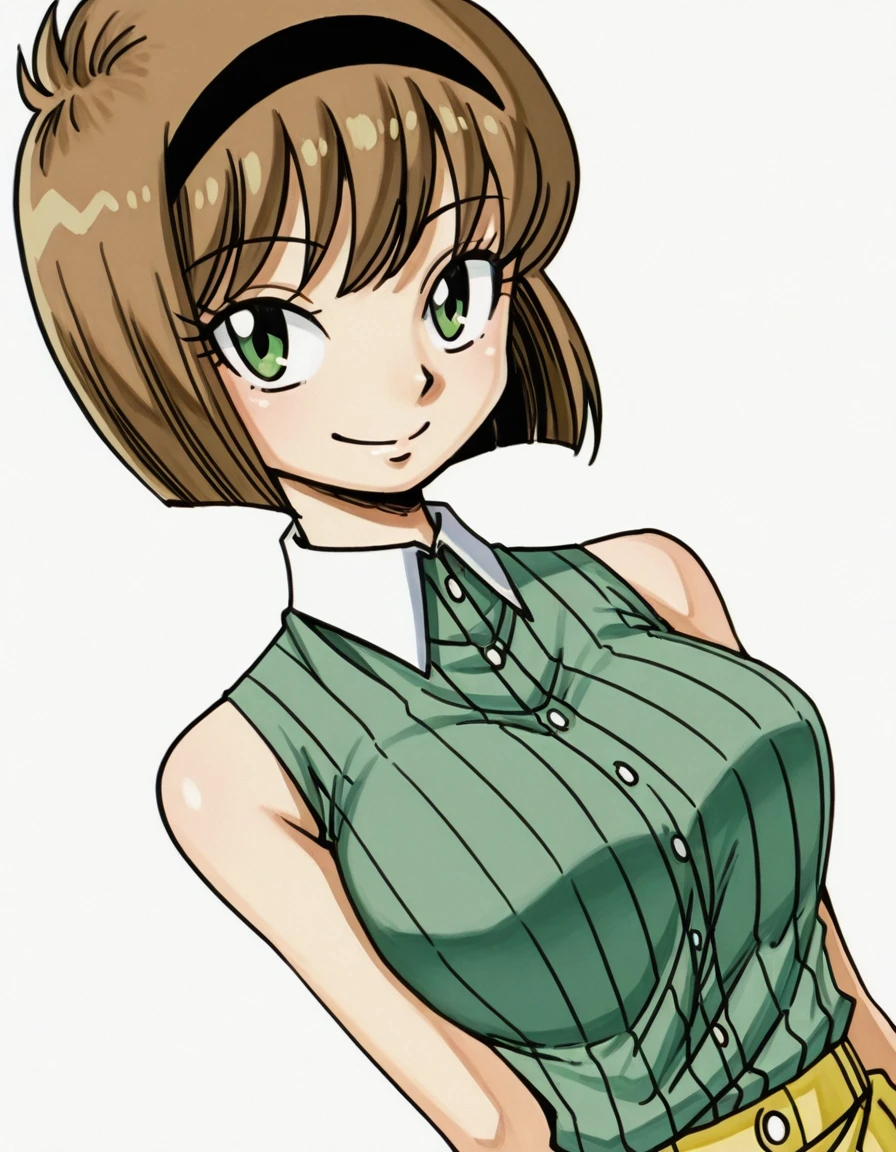 HMmangastyle, <lora:Mashima_H.__Manga_Style:0.8>, dutch angle, close up, <lora:Miki_Hosokawa_-_Jigoku_Sensei_Nube:0.85>,1girl, solo, arms behind, Miki H, brown hair, short hair,bangs, green eyes, black hairband, large , slim waist, wgreen striped shirt, sleeveless shirt, white collar, yellow skirt, smile, closed mouth, , looking at viewer