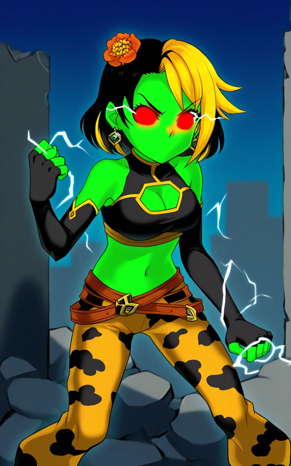 Develop a detailed illustration of a woman with a villainous expression and a green aura surrounding her. The character should be a small young woman with vibrant short green hair. Her face should display a malicious smile, with penetrating red eyes that exude malice. Her skin should be covered with freckles and have green paint drips running down her body and hair, creating an intriguing effect.She should be wearing a blue top with a pronounced neckline, highlighting the sensuality of her look. The blue mini skirt should be adorned with glitter details, reflecting a shimmering glow. Add fishnet stockings to complement her bold style. The choker should be black, tightly fitted around her neck, accentuating the character's dark elegance.Her arms should be thin and delicate, with long and elegant fingers. Her waist should be narrow, enhancing her curvaceous silhouette. Medium-sized thighs should contrast with the thinness of her arms and waist, providing a visual balance. The green aura around her body should be luminous and ethereal, adding a supernatural touch to the illustration.Ensure that the details of the fishnet stockings, the glitter on the mini skirt, and the freckles are sharp and well-defined, creating a cohesive and visually appealing image. The character should exude a sense of power and malice, capturing the essence of a charming and dangerous villainess.