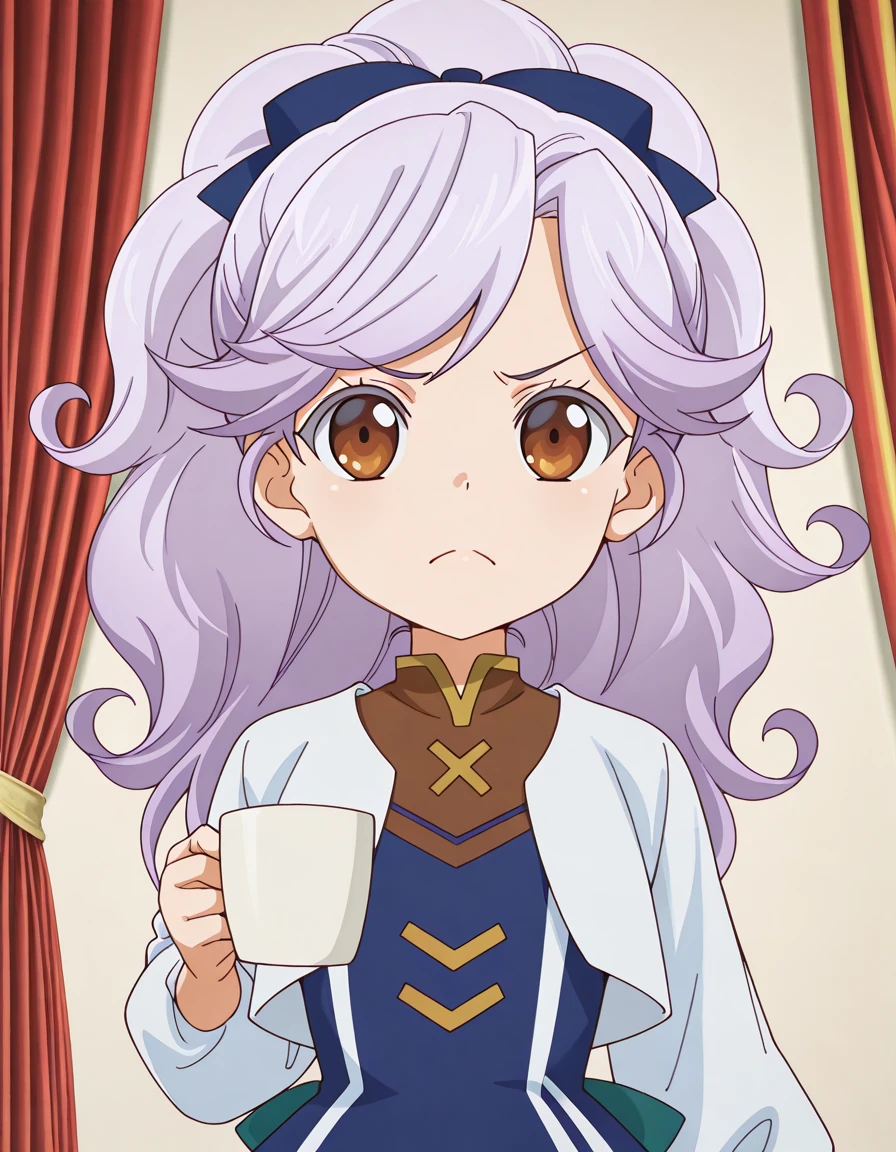 masterpiece, best quality, amazing quality,, <lora:josephine-mille-morteln-s1-illustriousxl-lora-nochekaiser:1>, josephine mille morteln, long hair, brown eyes, purple hair, ponytail, hair bow, blue bow, anime screencap, long sleeves, dress, cropped jacket, white jacket, blue dress, , <lora:shinji-holding-a-mug-illustriousxl-lora-nochekaiser:1>, shinji holding a mug, holding, cup, frown, holding cup, mug, indoors, solo, stage, curtains, spotlight, audience, microphone, cowboy shot, solo, looking at viewer, <lora:transparent-background-illustriousxl-lora-nochekaiser:1>, transparent background, simple background, white background