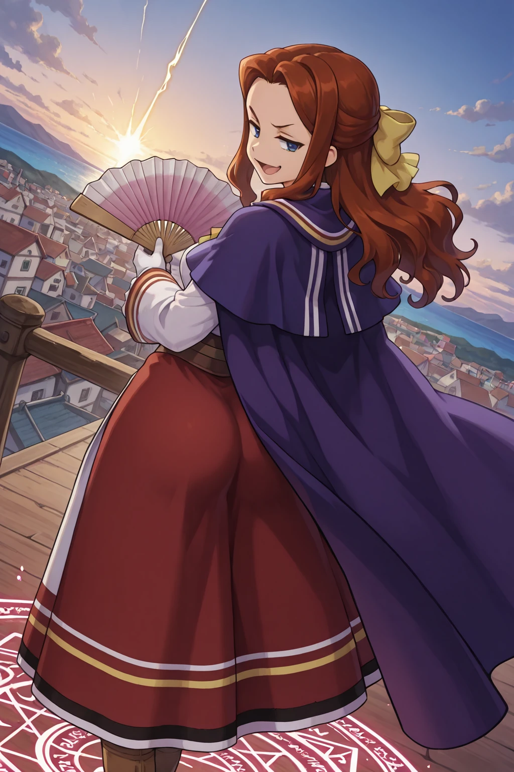 anime, best quality,incredibly absurdres, absurdres,nsfw,cowboy shot,dutch angle,town,hawaii,dynamic pose,Thunder magic,Magic Circle,from behind,
labryna,Dark red long_skirt,white_gloves,cape, brown_footwear,hair_bow,brown_hair,smug,pink folding_fan,Glowing body,open mouth,
<lora:labryna_ill:0.95>