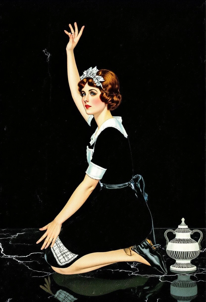 cphillips, A woman with fair skin kneels on a dark, polished stone floor, wearing a striking black-and-white maid’s outfit. Her black dress features intricate lace detailing, and she wears a crisp white apron and a white headband with a small bow. The black of her dress blends smoothly into the deep black background, creating a graceful disappearing-outline effect that lets the negative space define her form. Her left hand rests on the floor while her right hand extends upward as if reaching or gesturing. The polished floor reflects subtle cracks and shadows, adding realism to the scene. In the lower right corner sits a small ornate black-and-white ceramic vase with a delicate floral design. The composition features clean lines, geometric balance, minimal color, and the signature fadeaway elegance of Coles Phillips’ Art Deco illustrations.
