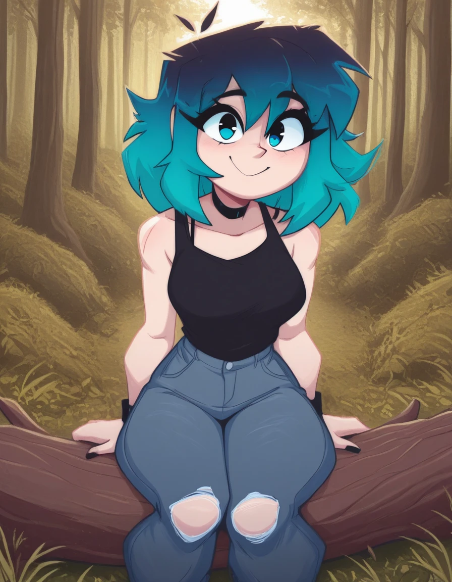 1girl, Ra3lyn.
<lora:OC_Rae_Character_LoRA:1>
<lora:Ekowrosmik_Style_LoRA_Illustrious:1.2> 3k0wr01k,
solo, tank top, bra strap, gradient hair, face, close up, dark clothes, looking at viewer, heavily stylized, drama layer, amazing quality, close up, sunny, sitting on a log, nature, outdoors, ripped jeans, smile,
lazypos