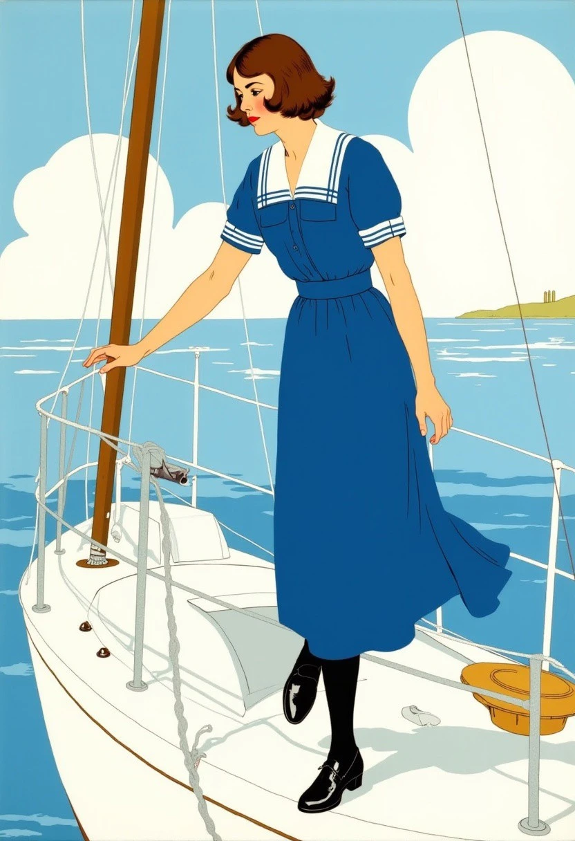 cphillips, A young woman with light skin and a soft, gentle expression is climbing down from a white sailboat. She has a wavy brown bob haircut and wears a blue sailor-style dress with white stripes on the collar and sleeves. The blue of her dress fades seamlessly into the solid blue of the sea and sky, creating a graceful disappearing-outline effect. She also wears black stockings and black shoes, which stand out clearly against the background. Her left hand rests on the boat’s railing while her right hand balances on her knee as she descends. The sailboat features a brown mast and rigging that contrast with the clean white of the boat. The background is a flat blue with soft white clouds, enhancing the negative space and letting the figure merge elegantly into the scene. The composition uses clean lines, minimal colors, subtle Art Deco geometry, and the fadeaway style characteristic of Coles Phillips’ early 20th-century illustrations.