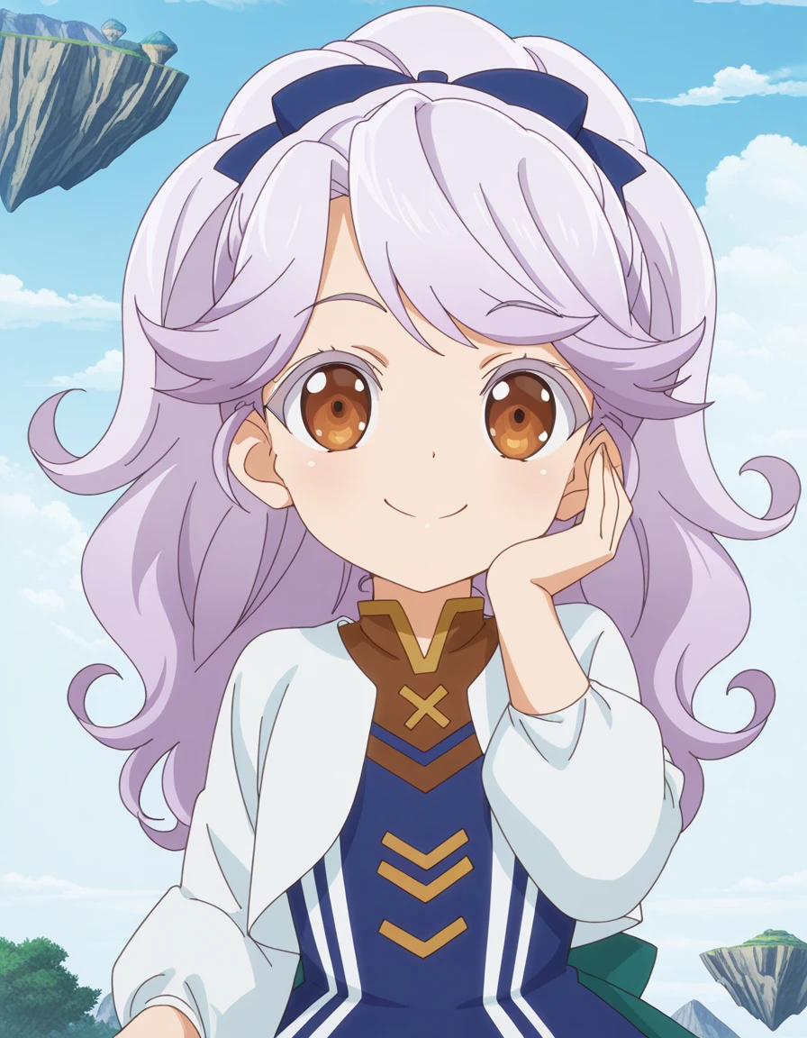 masterpiece, best quality, amazing quality,, <lora:josephine-mille-morteln-s1-illustriousxl-lora-nochekaiser:1>, josephine mille morteln, long hair, brown eyes, purple hair, ponytail, hair bow, blue bow, anime screencap, long sleeves, dress, cropped jacket, white jacket, blue dress, , head rest, smile,, floating island, sky, clouds, greenery, magical, cowboy shot, solo, looking at viewer, <lora:transparent-background-illustriousxl-lora-nochekaiser:1>, transparent background, simple background, white background