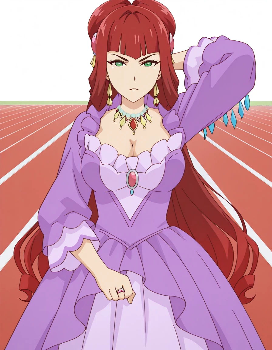 masterpiece, best quality, amazing quality,, <lora:brioche-salgret-mille-leteche-s1-illustriousxl-lora-nochekaiser:1>, brioche salgret mille leteche, hair ornament, very long hair, green eyes, red hair, blunt bangs, hair bun, double hair bun, mature female, breasts, anime screencap, long sleeves, dress, cleavage, jewelry, earrings, necklace, ring, purple dress, frills, frilled dress, gemstone,, hand behind head, , running track, lanes, red, exercise, race, cowboy shot, solo, looking at viewer, <lora:transparent-background-illustriousxl-lora-nochekaiser:1>, transparent background, simple background, white background