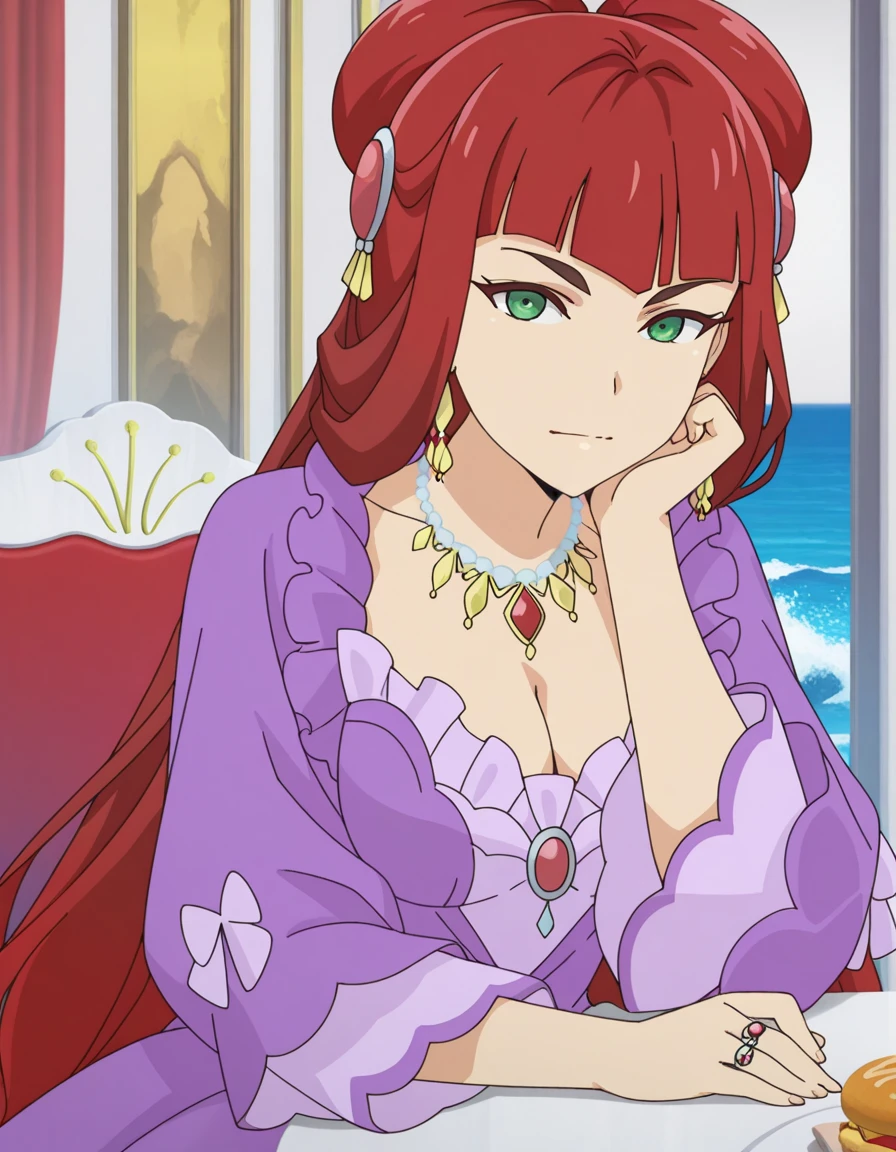 masterpiece, best quality, amazing quality,, <lora:brioche-salgret-mille-leteche-s1-illustriousxl-lora-nochekaiser:1>, brioche salgret mille leteche, hair ornament, very long hair, green eyes, red hair, blunt bangs, hair bun, double hair bun, mature female, breasts, anime screencap, long sleeves, dress, cleavage, jewelry, earrings, necklace, ring, purple dress, frills, frilled dress, gemstone,, sitting, head rest, table,, ocean, waves, saltwater, fish, vast, cowboy shot, solo, looking at viewer,