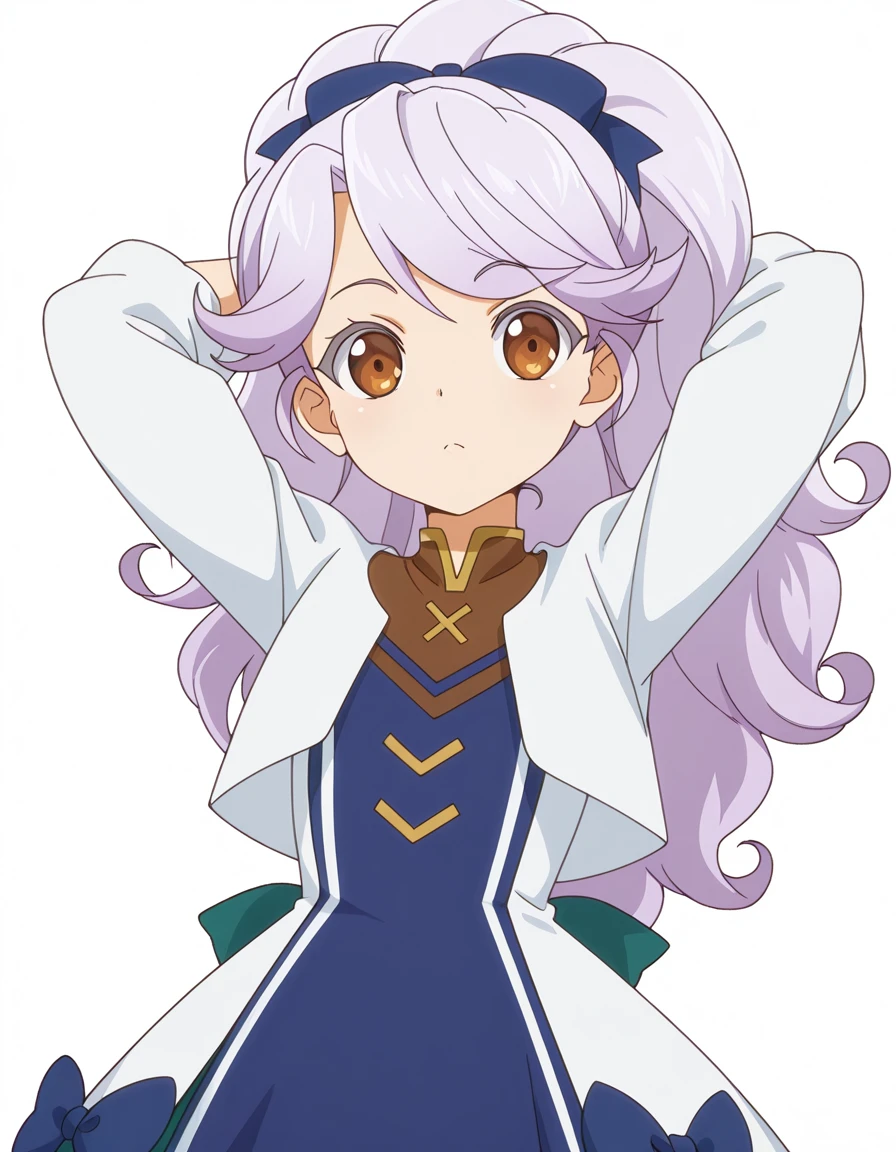 masterpiece, best quality, amazing quality,, <lora:josephine-mille-morteln-s1-illustriousxl-lora-nochekaiser:1>, josephine mille morteln, long hair, brown eyes, purple hair, ponytail, hair bow, blue bow, anime screencap, long sleeves, dress, cropped jacket, white jacket, blue dress, , hands behind head,, sex shop, toys, privacy, items, unique, cowboy shot, solo, looking at viewer, <lora:transparent-background-illustriousxl-lora-nochekaiser:1>, transparent background, simple background, white background