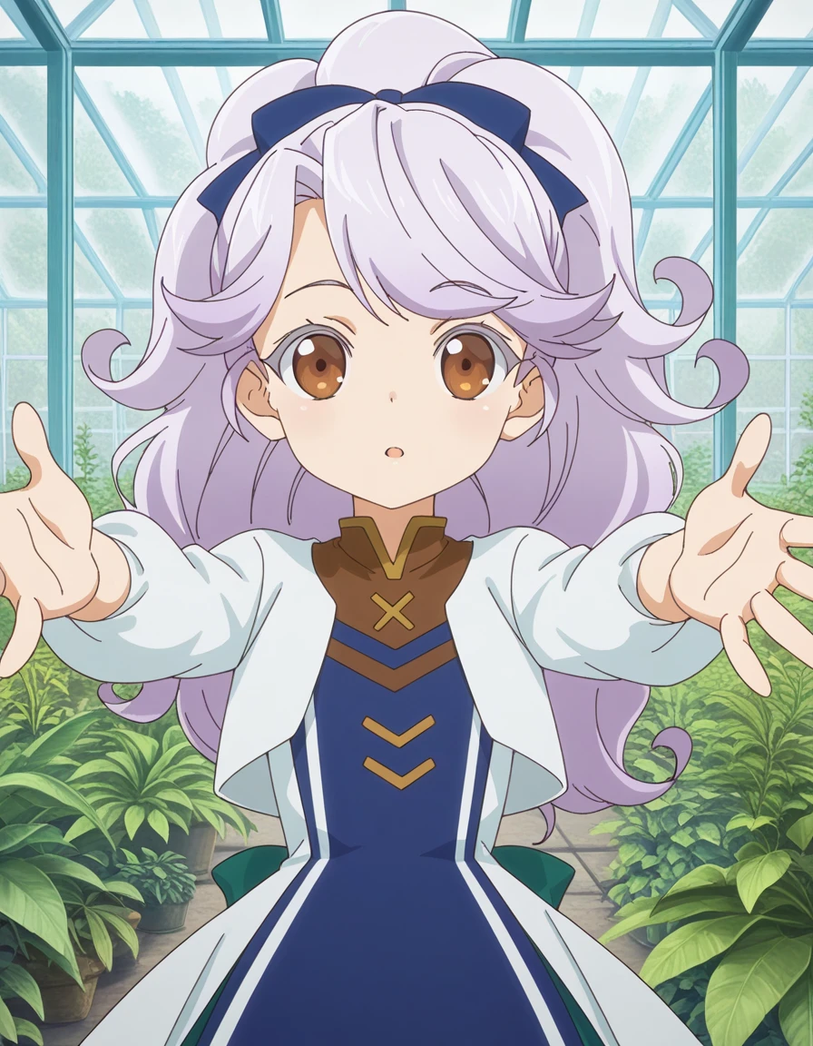 masterpiece, best quality, amazing quality,, <lora:josephine-mille-morteln-s1-illustriousxl-lora-nochekaiser:1>, josephine mille morteln, long hair, brown eyes, purple hair, ponytail, hair bow, blue bow, anime screencap, long sleeves, dress, cropped jacket, white jacket, blue dress, , on back, arm support, arms up, incoming hug, pov, reaching, reaching towards viewer,, greenhouse, plants, glass, warm, growth, cowboy shot, solo, looking at viewer,