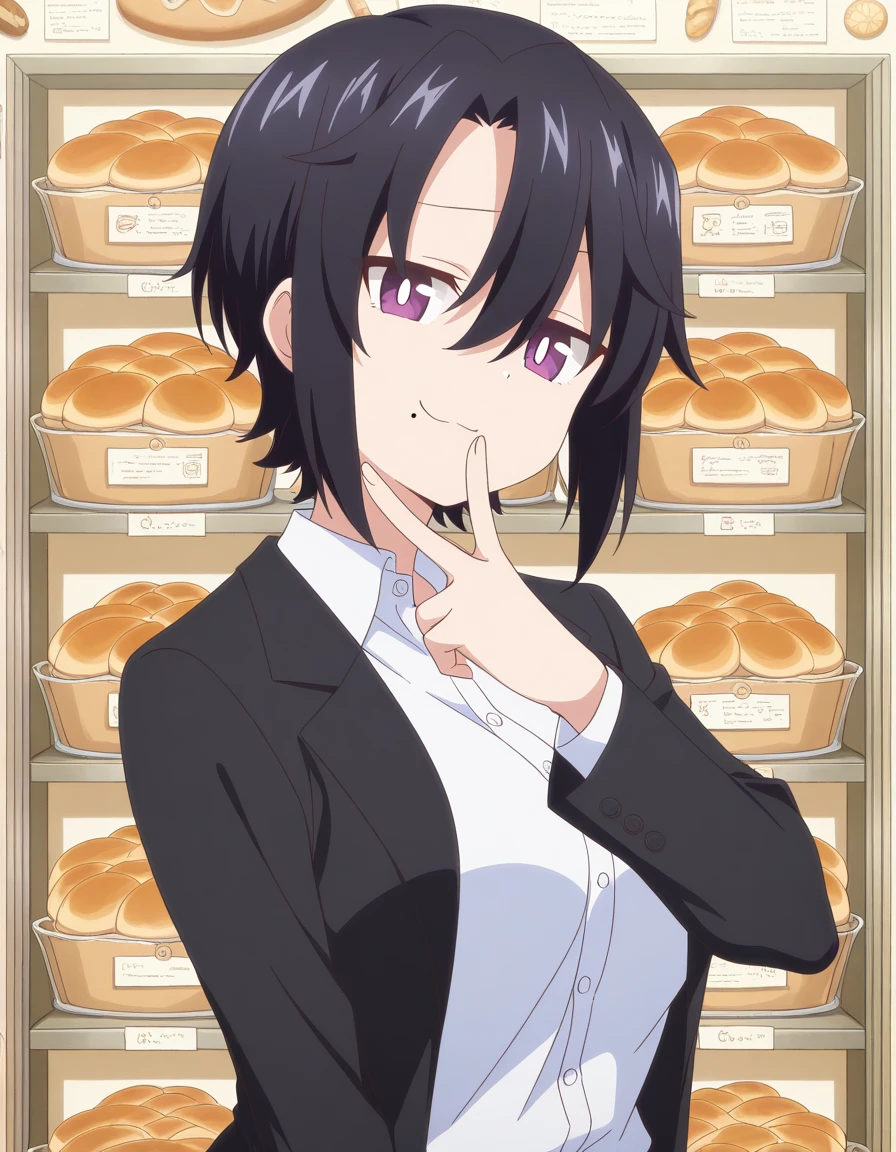 masterpiece, best quality, amazing quality,, <lora:ninkoro-kuro-s1-illustriousxl-lora-nochekaiser:1>, kuro, short hair, black hair, hair between eyes, purple eyes, mole, mole under mouth, bright pupils, mature female, breasts, anime screencap, shirt, long sleeves, jacket, white shirt, collared shirt, black jacket, formal, suit,, v, v over mouth, smug,, bakery, bread, pastries, sweets,, cowboy shot, solo, looking at viewer,