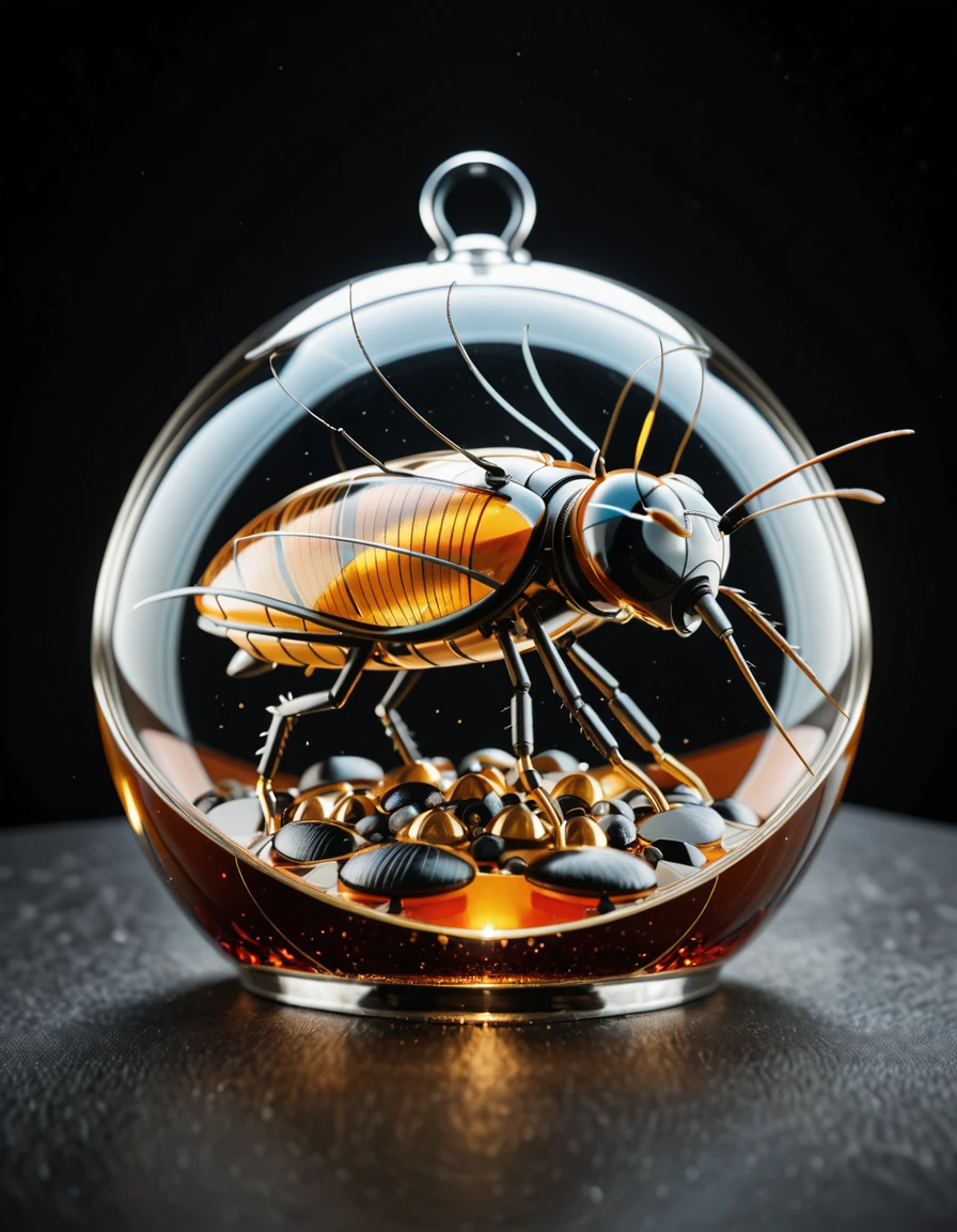 Capture a mesmerizing still life photograph showcasing a magnificently designed steampunk mosquito latched onto the back of a human hand, drawing blood. Utilize extreme close-up techniques paired with macro photography to emphasize the minute yet complex mechanical components comprising the insect's structure, offering viewers a rare glimpse into its inner workings. For added depth and realism, incorporate microscopic imagery illustrating individual cells and capillaries interacting with the minuscule proboscis. Steeped in Jules Verne-inspired aesthetics, this fantastical creature comes alive through exceptional attention to detail, brilliant 8k resolution visuals, crisp clarity, deep contrast, and lush color palettes, resulting in a truly unique masterpiece worthy of admiration., <lora:Made_in_gl4ss-i:1.6>Made in gl4ss,made in glass ,translucent,, Masterpiece,best quality,hi res,8k,hi res,8k,award winning,(sharp focus, intricate, highly detailed),