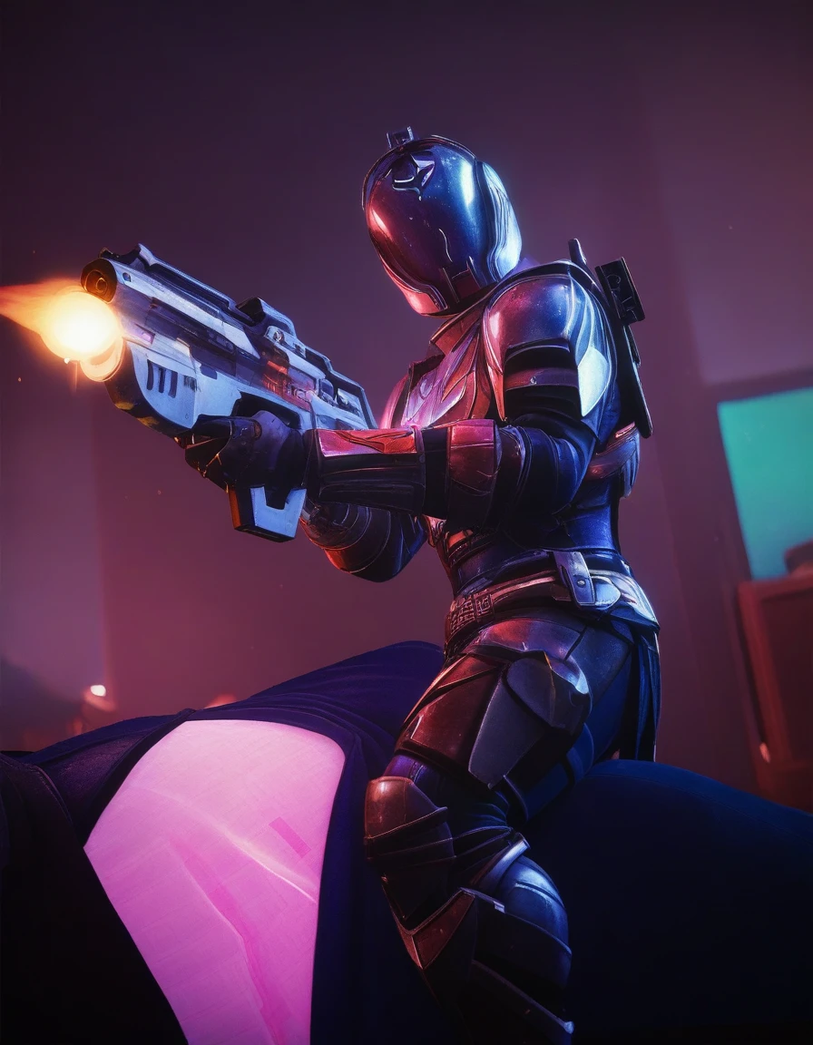 \(destiny_{style}\), destiny \(style\), \(destiny_game\), hunter \(destiny\),score_9_up, score_8_up, score_7_up, score_6_up, score_5_up, score_4_up, (realistic skin texture:1.4), incredibly_absurdres, masterpiece, best quality, exquisite facial features, (real skin:1.4), realism, studio lighting, rim light, golden hour, High definition photos, high-quality, photo taken by Canon EOS 90D, F2.8, UHD --ar 9:16 --style raw --stylize 700, BREAK \(destiny_style\), destiny \(style\), \(destiny_game\), hunter \(destiny\), BREAK finger on trigger, space helmet, holding gun, military, bullpup, pauldrons, gauntlets, shoulder armor, armored boots, battle, war, tokusatsu, aiming, city lights, BREAK light particles, depth of field, neon lights, BREAK sitting, straddling, solo, solo_focus, BREAK staff room, photo background, realistic, photorealistic, 3d,rtx, raytracing BREAK natural skin texture,fine pores,realistic skin,intricate skin details,skin dentation,detailed eyes,perfect eyes,photorealistic eyes,perfect skin texture,freckles,detailed hair,detailifier,detailed skin,detailed face,intricate details,<lora:Destiny Style V2:1.0>