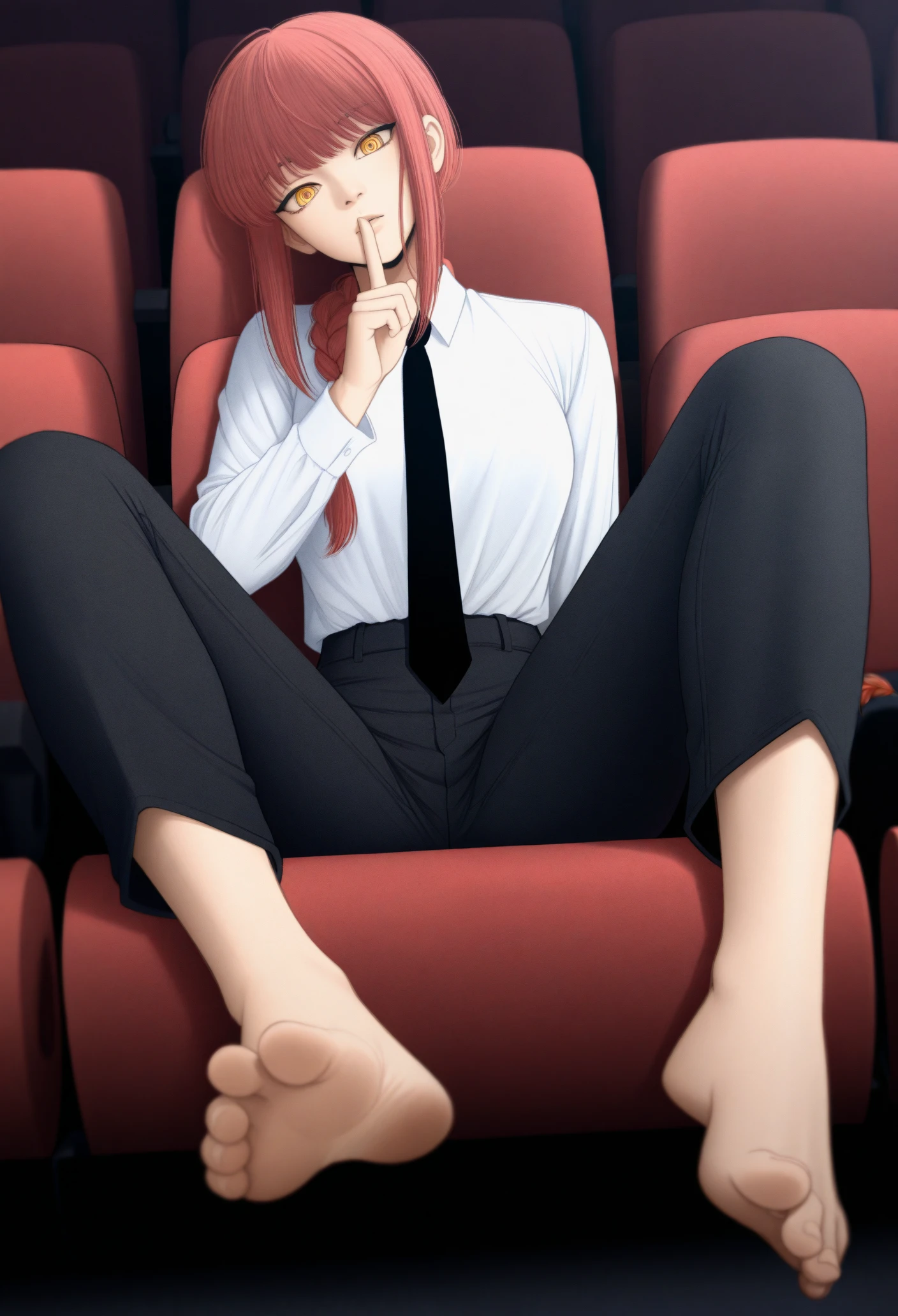 1girl, solo, barefoot, barefoot, feet, sitting, head tilt, looking at viewer, shushing, movie theater, foreshortening, legs up, footrest, dutch angle, 
long hair, red hair, braided ponytail, yellow eyes, ringed eyes, white shirt, collared shirt, shirt tucked in, black necktie, long sleeves, black pants
masterpiece, best quality <lora:kusujinn-guy90-Illust-Lorav1:1>, nijsuk, <lora:csm_makima_noobAIXL11EPS:1>, mak1madef