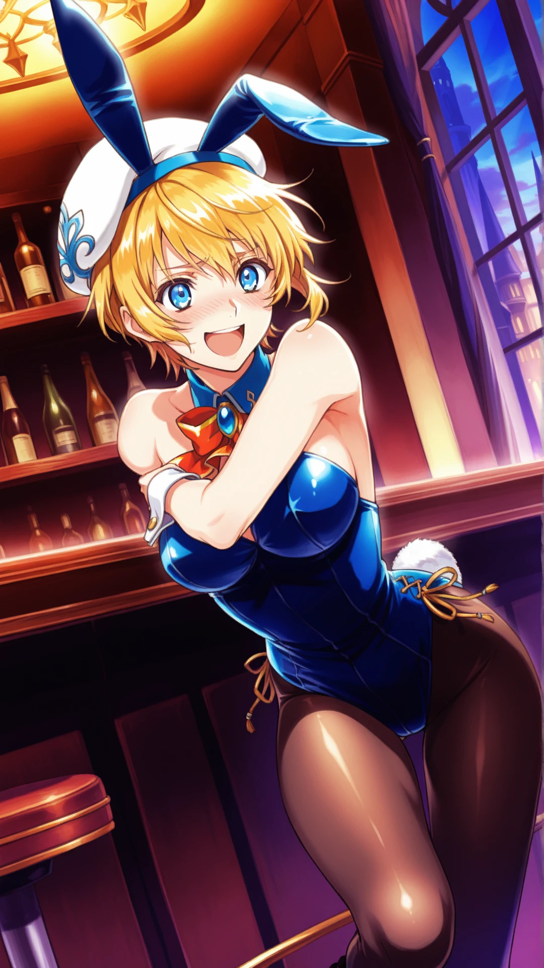 ((masterpiece, best quality;1.3)), ultra detailed, 8k unity wallpapers, CG, ray tracing, illustration, colorful, cinematic shadow, extremely detailed and beautiful background,vhd, shadering VRay,RT, 1girl, smile, teenage, ite, lol blush, solo, blue eyes, blush, (blonde hair), (medium hair), large breasts, white glowing skin, highly detailed beautiful face, beautiful face, beautiful eyes, (talented Lo-Fi:1.3), naked, sexy, lewd, skindentation, animal ears, bow, bowtie, pantyhose, pantyhose, playboy bunny, rabbit ears, wrist cuffs, cameltoe, close-up, glowing, glowing light, ultra detailed, scenic, atmospheric