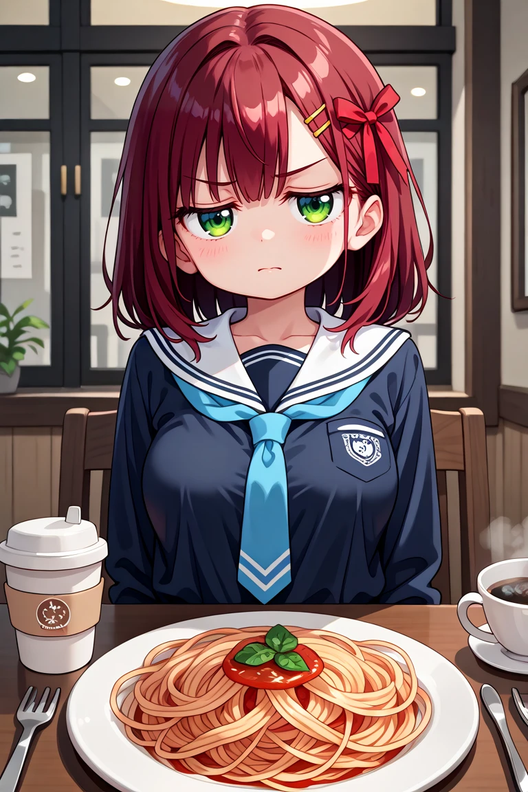 masterpiece, best quality, amazing quality, very aesthetic, absurdres,
cute round face, slender, ultra detailed eyes, ultra detailed hair, ultra beautiful,
1girl, solo,
cowboy shot, from front, angry, closed mouth, looking at viewer,
red ribbon on hair, dark red hair, green eyes, medium hair, medium breasts,
sitting, on restaurant, table, pasta on table, coffee on table, white sailor, blue tie on school uniform
<lora:worriedeyes_xl_v10:1>