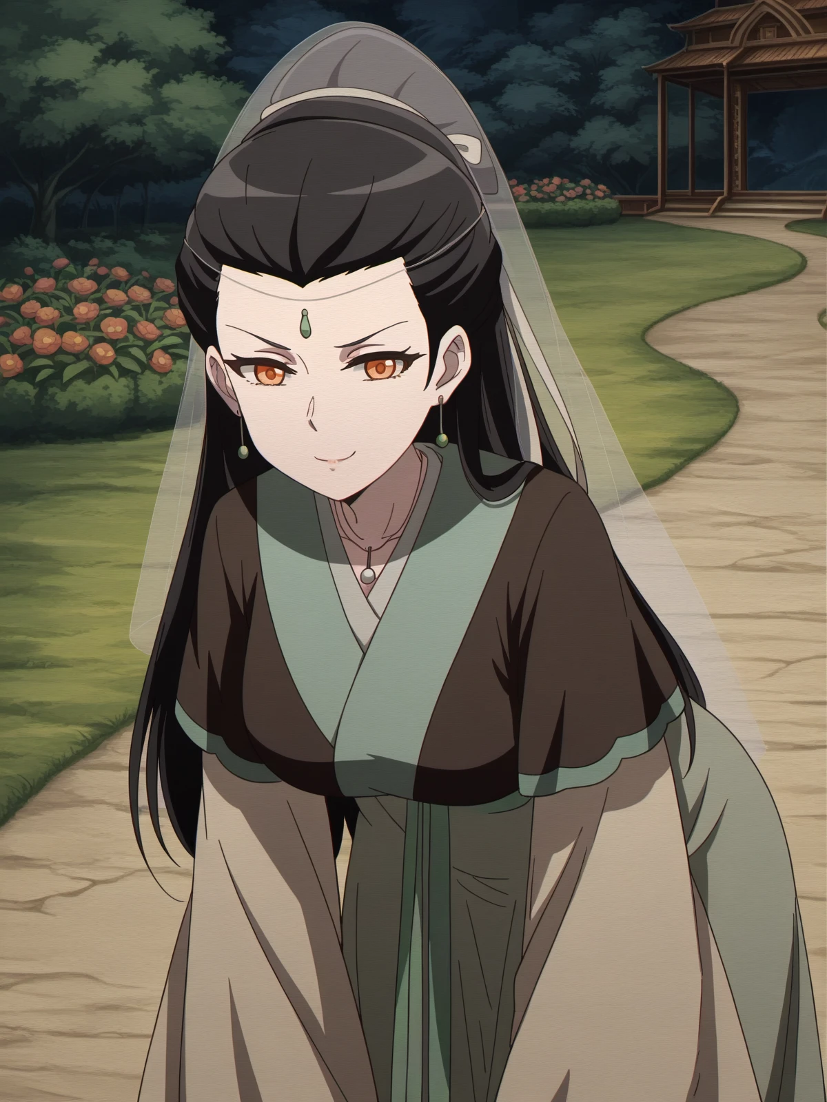 masterpiece, best quality, amazing quality,, <lora:liu-ruyan-ona-illustriousxl-lora-nochekaiser:1>, liu ruyan, long hair, black hair, brown eyes, orange eyes, forehead mark, forehead jewel, half-updo, hair pulled back, hair ribbon, mature female, medium breasts, anime screencap, long sleeves, jewelry, earrings, wide sleeves, necklace, chinese clothes, hanfu, wedding veil,, bent over, smug,, garden, flowers, path, plants, tranquil, cowboy shot, solo, looking at viewer,