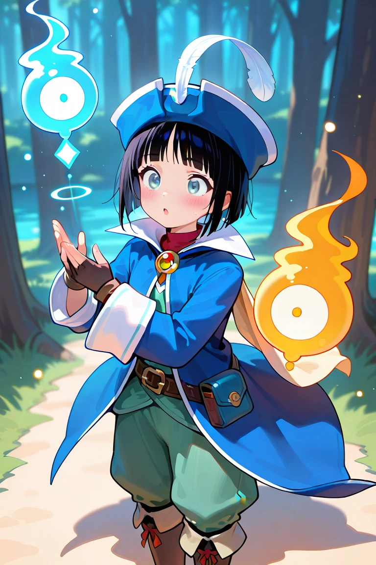 magical forest, glowing creatures, floating magical particles, observing unknown monsters, focused expression, fantasy background, highly detailed, masterpiece, best quality,masterpiece, best quality, amazing quality, newest,1boy,black_hair,blunt cut,grey-blue_eyes, <lora:BluemageV1.0_illustrious:1>,bluemage_costume,high collar,green puffy pants,blue coat,bicorne,hat feather, brooch,shoulder cape,capelet ,white cape ,long sleeves,fingerless gloves,belt,belt pouch,brown boots,