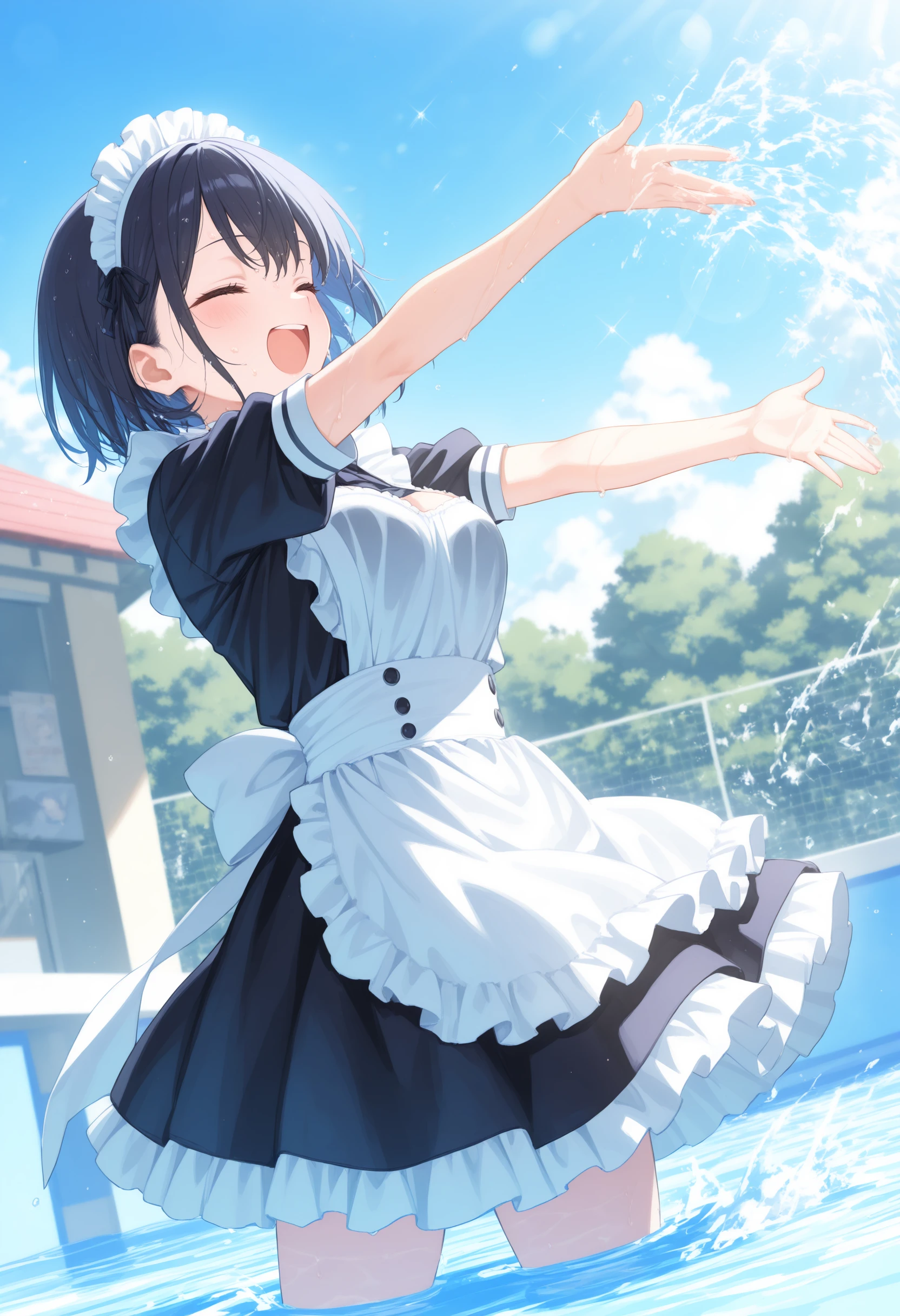 1girl,(sho \(sho lwlw\):0.7),(toosaka asagi:0.5),(sincos:0.3),solo,
masterpiece, best quality, newest, absurdres, CG, anime, source anime, illustration,
maid,maid headdress, medium breasts,
water fight, outstretched arms, water, open mouth, day, splashing, wading, sparkle, pool, lens flare, outdoors, outstretched hand, blue sky,
wet,wet hair, wet clothes,<lora:waterfight_Illust_v1:0.8>
from side, panorama shot, looking ahead, closed eyes,