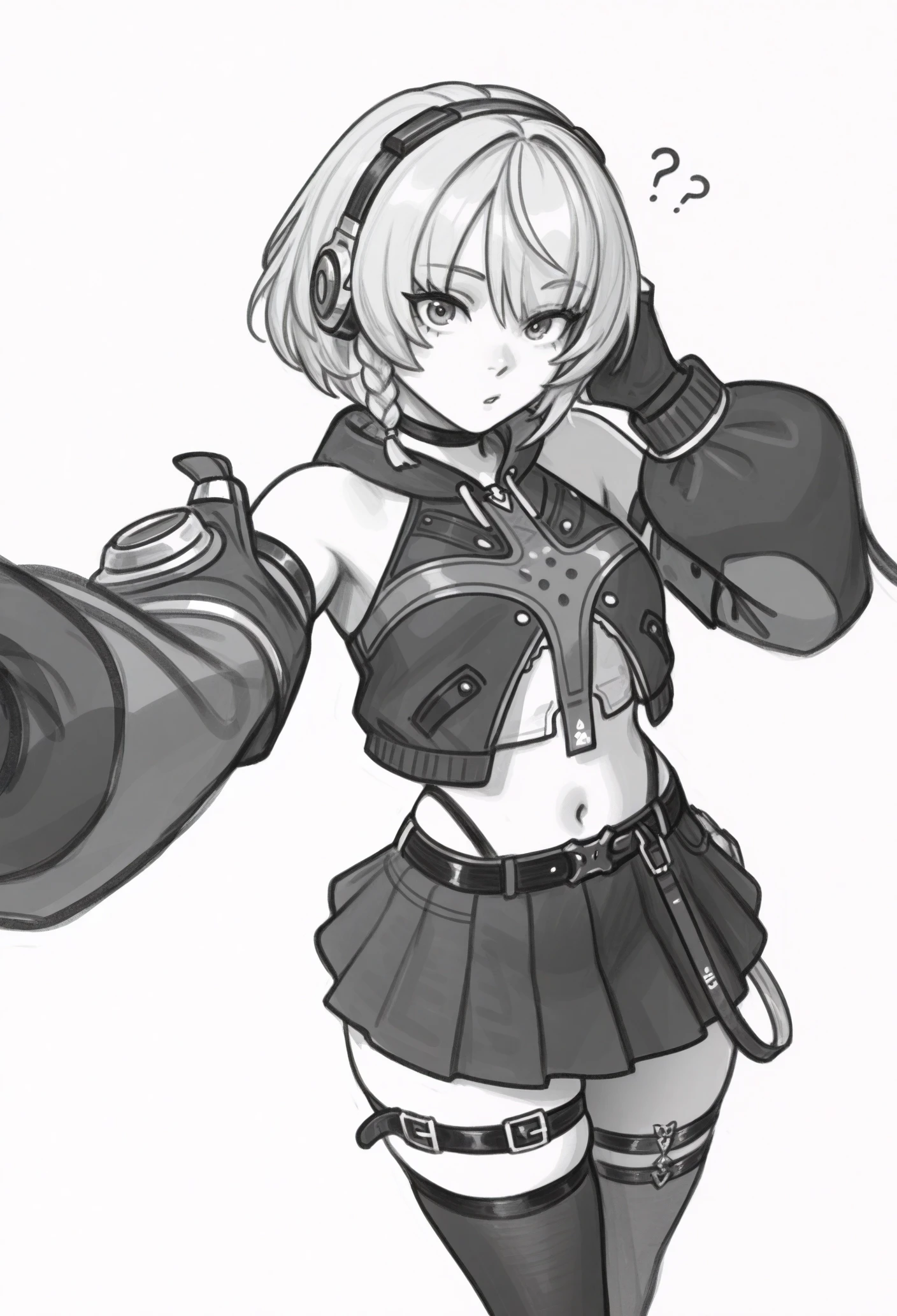 1girl, solo, selfie, confused, looking at viewer,
short hair, grey hair, braid, headphones, two-tone jacket, black jacket, cropped jacket, puffy detached sleeves, black gloves, fingerless gloves, white shirt, cropped shirt, black skirt, pleated skirt, miniskirt, black belt, black thighhighs, thigh belt, black choker, bare shoulders, midriff, navel
masterpiece, best quality, <lora:calamari_cakes-guy90-Illust-Lorav1:1>, seklac, monochrome, greyscale, sketch, white background <lora:zzz_anbydemara_illustriousXL:1> abdmrdef