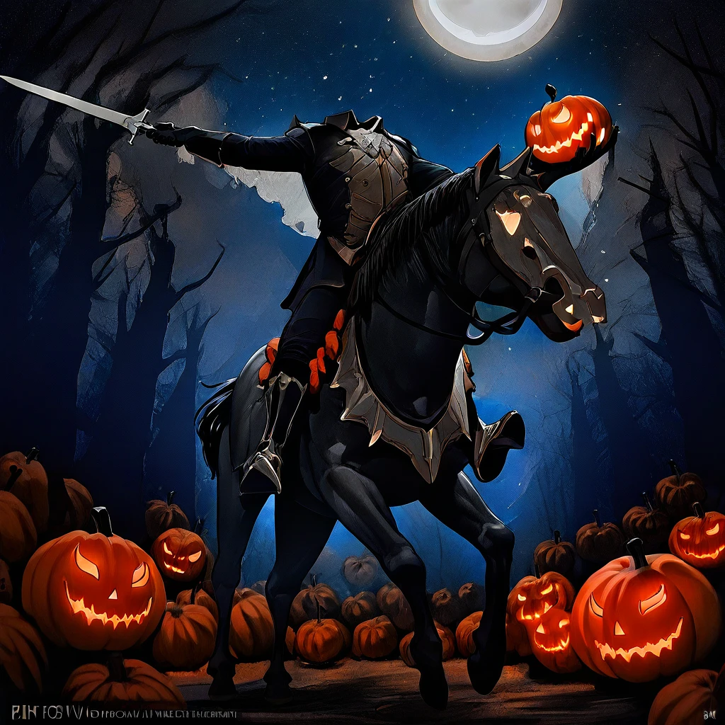 masterpiece, absurd res, best quality, newest, 2024, 8k, 4k, detailed, solo, dullahan, headless, horseback riding, horse armor, detached head, detachable head, holding head, pumpkin head, jack-o'-lantern, holding sword, pointing sword, forest, moon, stars, wide view,