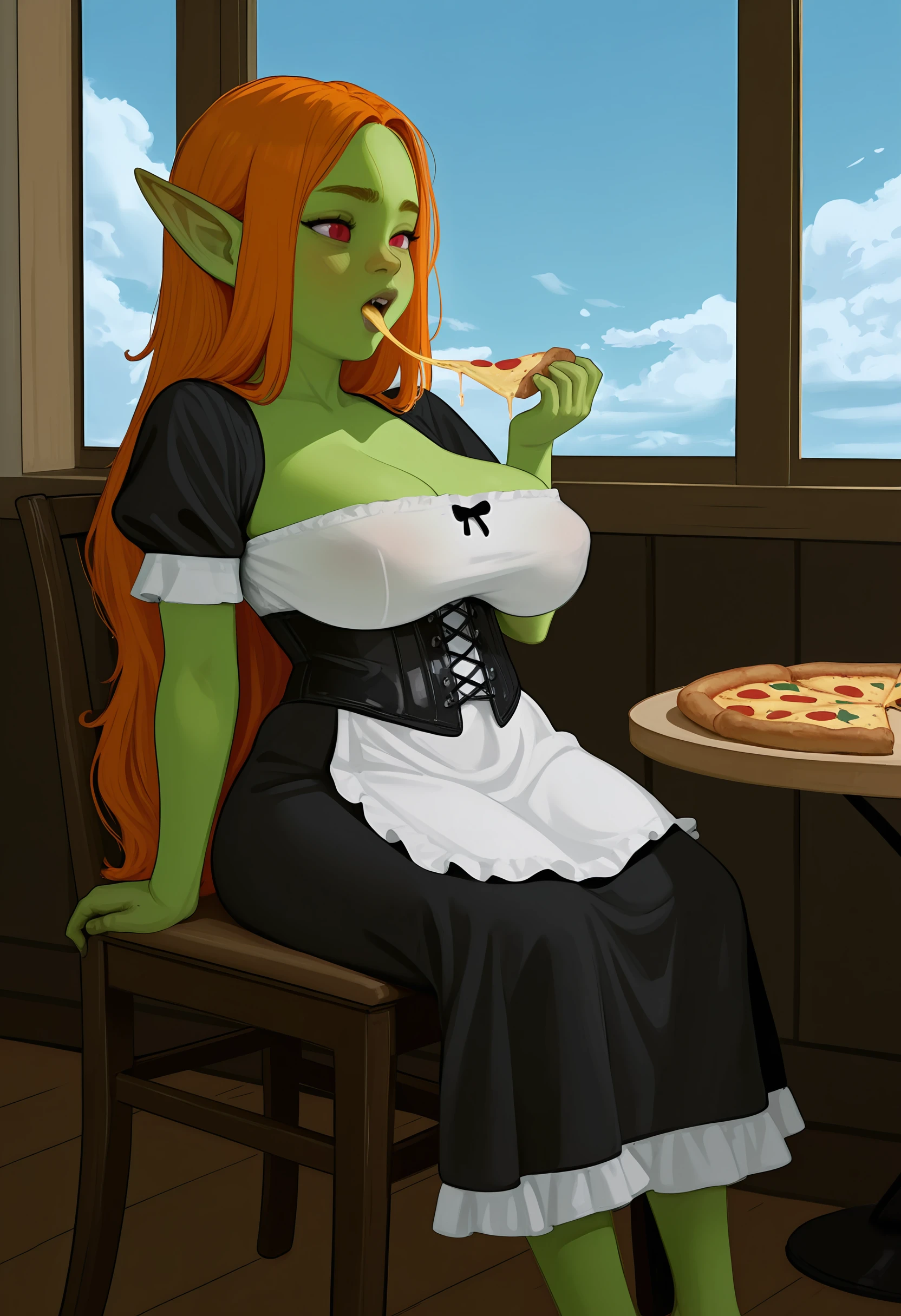 Pregnant Triss and Yennefer eat watermelons in a small dining room