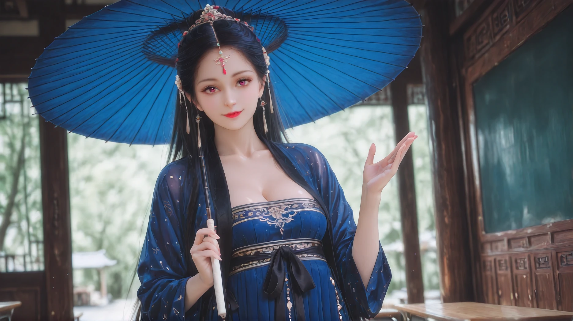 best quality, Delicate face,beautiful visual work, lifelike, eternity, black hair, Long curly hair, blunt bangs, Smile, Detailed Background, Delicate face,blush,cold,((masterpiece))、(top quality)、8k、high detail、Super detailed,21 years old female,身穿唐制Hanfu、waist skirt, Clothes are light and fluffy,Hanfu, wide sleeves, Tunic, Clothes made of chiffon, Seductive and whimsical style、masterpiece、born、Scenes resembling fairy tale illustrations、intricate details和複雜的設計、Beautifully、magic、capricious、 Beautifully、Dream aesthetics、「𝓡𝓸𝓶𝓪𝓷𝓽𝓲𝓬、ethereal、charming、fickle、magic」、realism、Visual effects、FXAA、SSAO、Shader、voiceless、ambient lighting、Tone mapping、High resolution、Ultra high quality、Million pixels、(8K resolution:1.10)、8k、8k以下、8K resolution、high detail、intricate details, (high quality:1.2、masterpiece:1.2、:1.21)、(21 years old female:1.21)、(興奮地Smile)、(被dream般的氛圍所包圍、Model diagram,full-body shot,Normal 2 feet,Cross your hands and hide them in your sleeves,You can clearly see that her breasts are very big inside the clothes, Big ,Chest G cup, antiquity, Xian Xia, gauze clothes, Soft and fluttering, Fairy, dream, fantasy, light, Elegant, nature, Immortal, light green clothes
