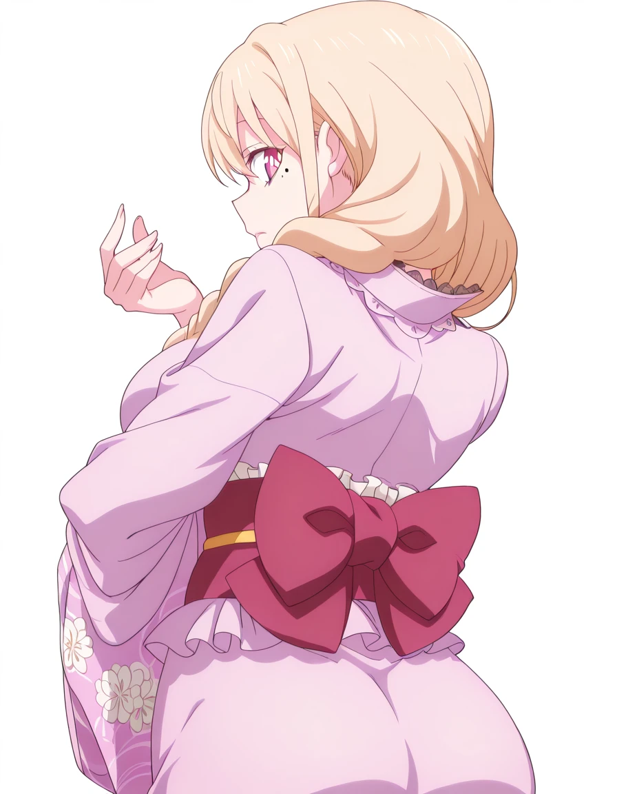 masterpiece, best quality, amazing quality,, <lora:ninkoro-yuriko-s1-illustriousxl-lora-nochekaiser:1>, yuriko, blonde hair, red eyes, braid, pink eyes, mole, mole under eye, single braid, bright pupils, hair over shoulder, white pupils, mature female, breasts, anime screencap, <lora:wa-fashion-illustriousxl-lora-nochekaiser:1>, wa fashion, fashion, kimono skirt, japanese clothes, frilled kimono, furisode sleeves, kimono, obi, sash, lace-trimmed kimono, fold-over collar, frills, wide sleeves, short kimono,, <lora:dio-brandos-pose-illustriousxl-lora-nochekaiser:1>, dio brandos pose, dio brando's pose (jojo), back, ass, from behind, jojo pose, standing, upper body, , <lora:transparent-background-illustriousxl-lora-nochekaiser:1>, transparent background, simple background, white background