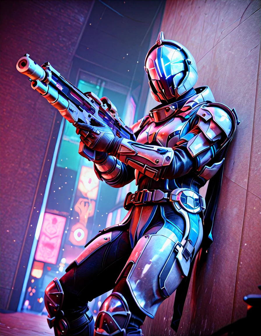 \(destiny_{style}\), destiny \(style\), \(destiny_game\), hunter \(destiny\),score_9_up, score_8_up, score_7_up, score_6_up, score_5_up, score_4_up, (realistic skin texture:1.4), incredibly_absurdres, masterpiece, best quality, exquisite facial features, (real skin:1.4), realism, studio lighting, rim light, golden hour, High definition photos, high-quality, photo taken by Canon EOS 90D, F2.8, UHD --ar 9:16 --style raw --stylize 700, BREAK \(destiny_style\), destiny \(style\), \(destiny_game\), hunter \(destiny\), BREAK finger on trigger, space helmet, holding gun, military, bullpup, pauldrons, gauntlets, shoulder armor, armored boots, battle, war, tokusatsu, aiming, city lights, BREAK light particles, depth of field, neon lights, BREAK Leaning against a wall, solo, solo_focus, BREAK convention, photo background, realistic, photorealistic, 3d,rtx, raytracing BREAK natural skin texture,fine pores,realistic skin,intricate skin details,skin dentation,detailed eyes,perfect eyes,photorealistic eyes,perfect skin texture,freckles,detailed hair,detailifier,detailed skin,detailed face,intricate details,<lora:Destiny Style V2:1.0>