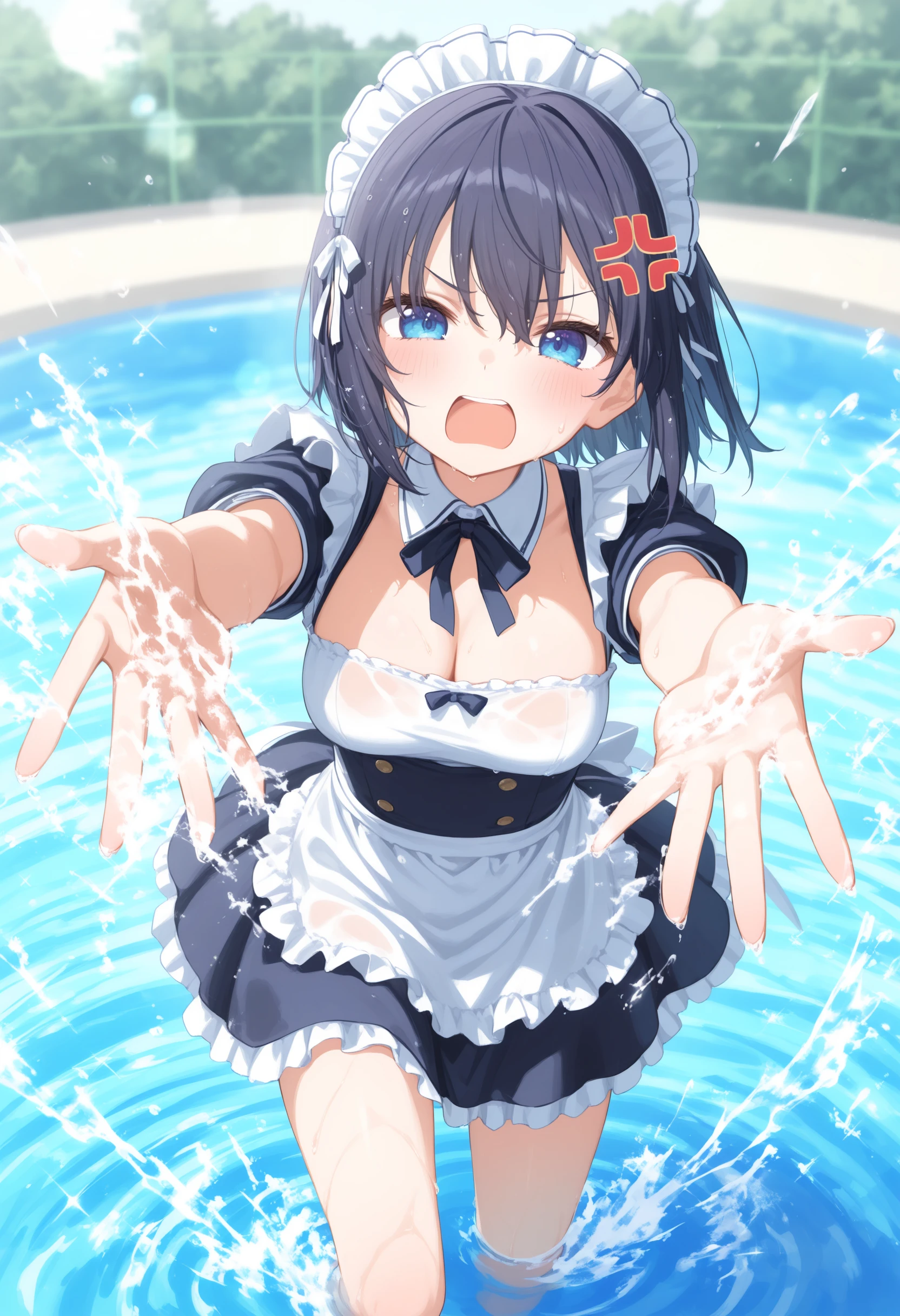 1girl,(sho \(sho lwlw\):0.7),(toosaka asagi:0.5),(sincos:0.3),solo,
masterpiece, best quality, newest, absurdres, CG, anime, source anime, illustration,
maid,maid headdress, medium breasts,
water fight, outstretched arms, water, open mouth, day, splashing, wading, sparkle, pool, lens flare, outdoors, outstretched hand, blue sky,
wet,wet hair, wet clothes,<lora:waterfight_Illust_v1:0.8>
from above, full body, looking down, anger vein,