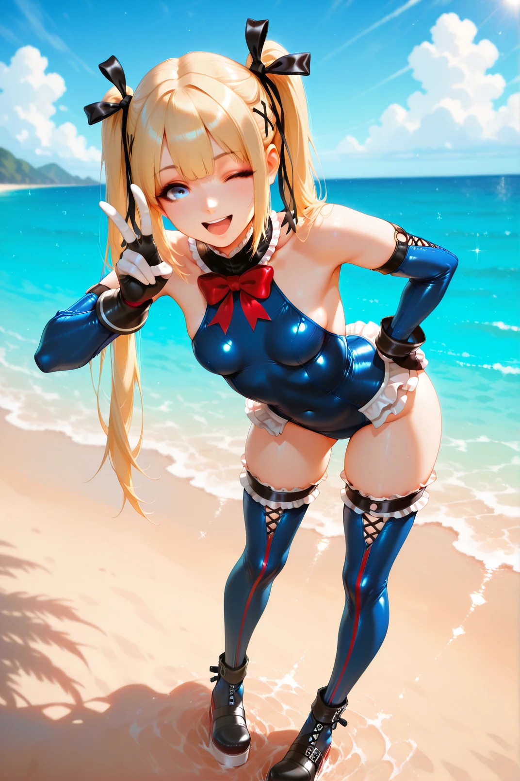 ((Highest quality,Extremely detailed CG Unity,32K)), (( Professional quality,Perfect photo, Ray Tracing, Perfect volume lighting )), ((Hyper Detail,Intricate details))((Masterpiece)),眩しいハイライトが入ったプラチナblondeの髪、Shiny bright hair,、Shiny beautiful bangs、Sparkling, clear, attractive big blue eyes、A very beautiful, lovely and cute 16 year old girl、(((((Shiny patent blue swimsuit)))((Camel Toe),(Frilled swimsuit, Knee socks, Removed sleeve), ,(White fingers:1.1,Black gloves),(((blonde))),(Very long hair:1.6),Twin tails、Beach cove background,Bend your knees (,From below:1.2),(Spread your legs:1.1)
