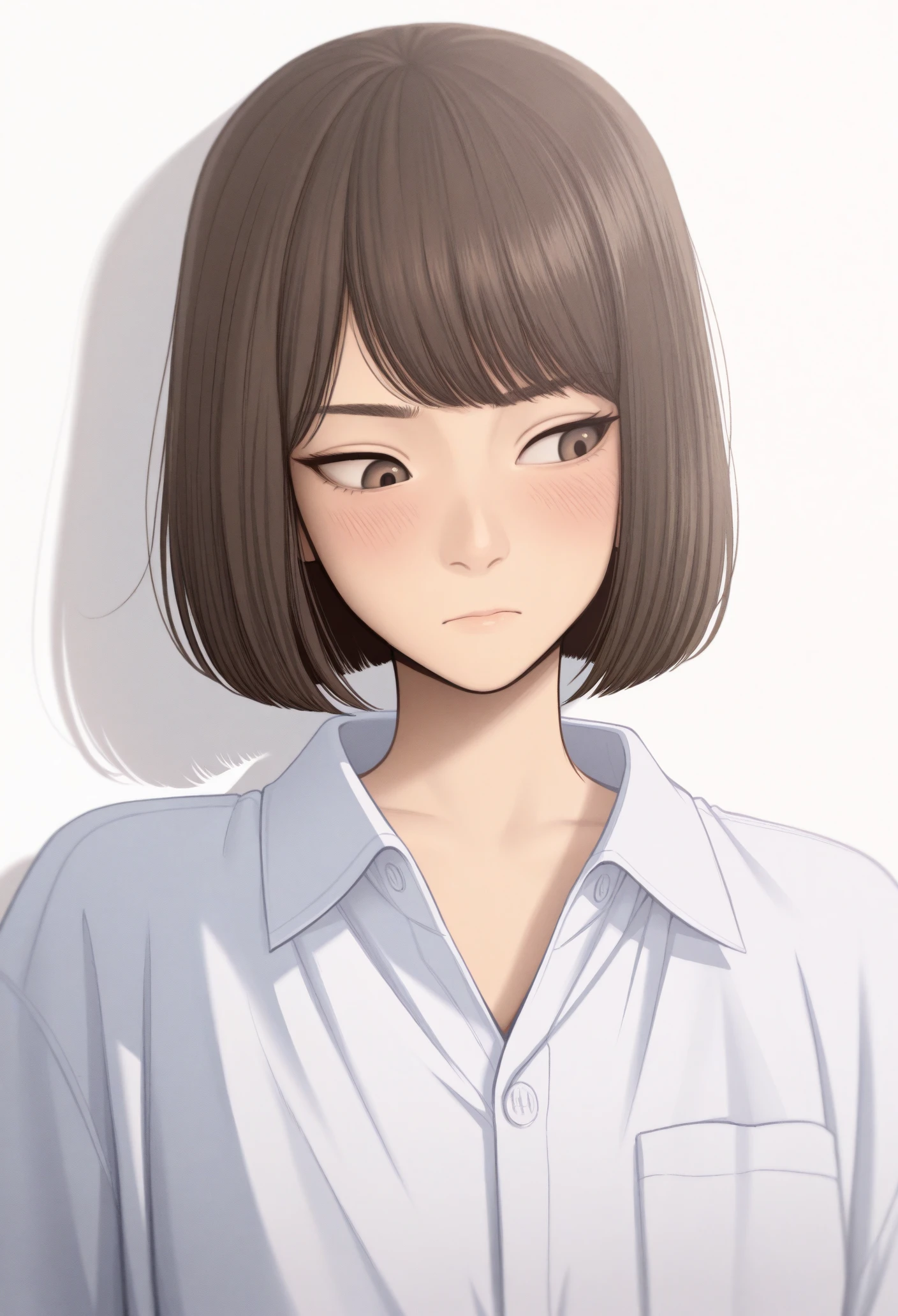 1girl, solo, collared shirt, white shirt, looking at viewer, oversized shirt, white background, upper body, blush, looking to the side, looking down,
short hair, brown hair, bob cut, brown eyes,
masterpiece, best quality, <lora:kusujinn-guy90-Illust-Lorav1:1>, nijsuk, <lora:mukoda_saeko-guy90-Illust-LoraV102:1>, okekum