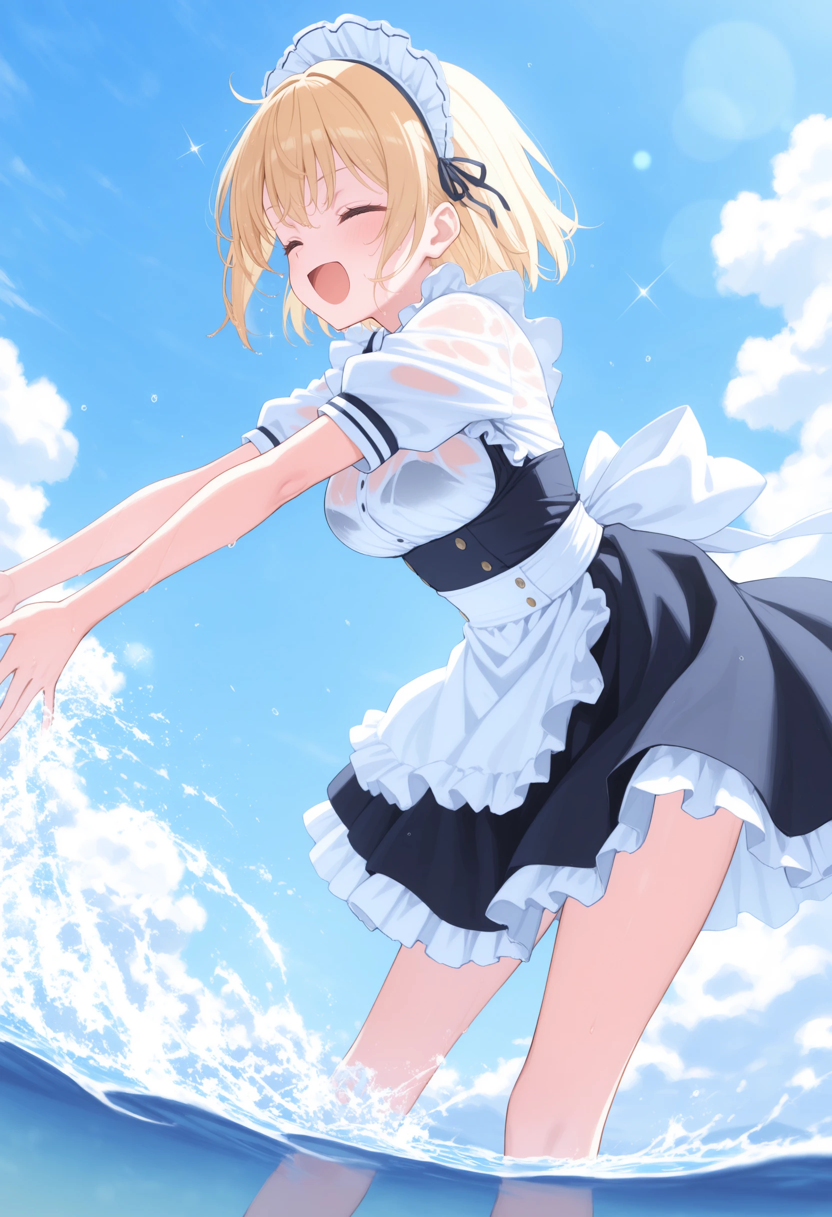1girl,(sho \(sho lwlw\):0.7),(toosaka asagi:0.5),(sincos:0.3),solo,
masterpiece, best quality, newest, absurdres, CG, anime, source anime, illustration,
maid,maid headdress, medium breasts,
water fight, outstretched arms, water, open mouth, day, splashing, wading, sparkle, ocean, lens flare, outdoors, outstretched hand, blue sky,
wet,wet hair, wet clothes,leaning forward, bent over, <lora:waterfight_Illust_v1:0.8>
from side, cinematic angle, looking ahead, blonde hair, white eyes,closed eyes, open mouth, single hair,,