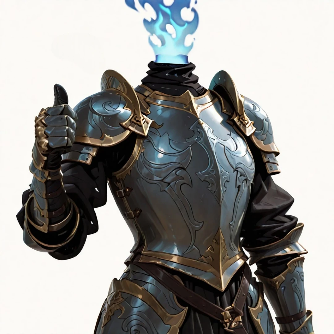 masterpiece, absurd res, best quality, newest, 2024, 8k, 4k, detailed, solo, dullahan, headless, blue flame, knight, armor, thumbs up, upper body, white background,