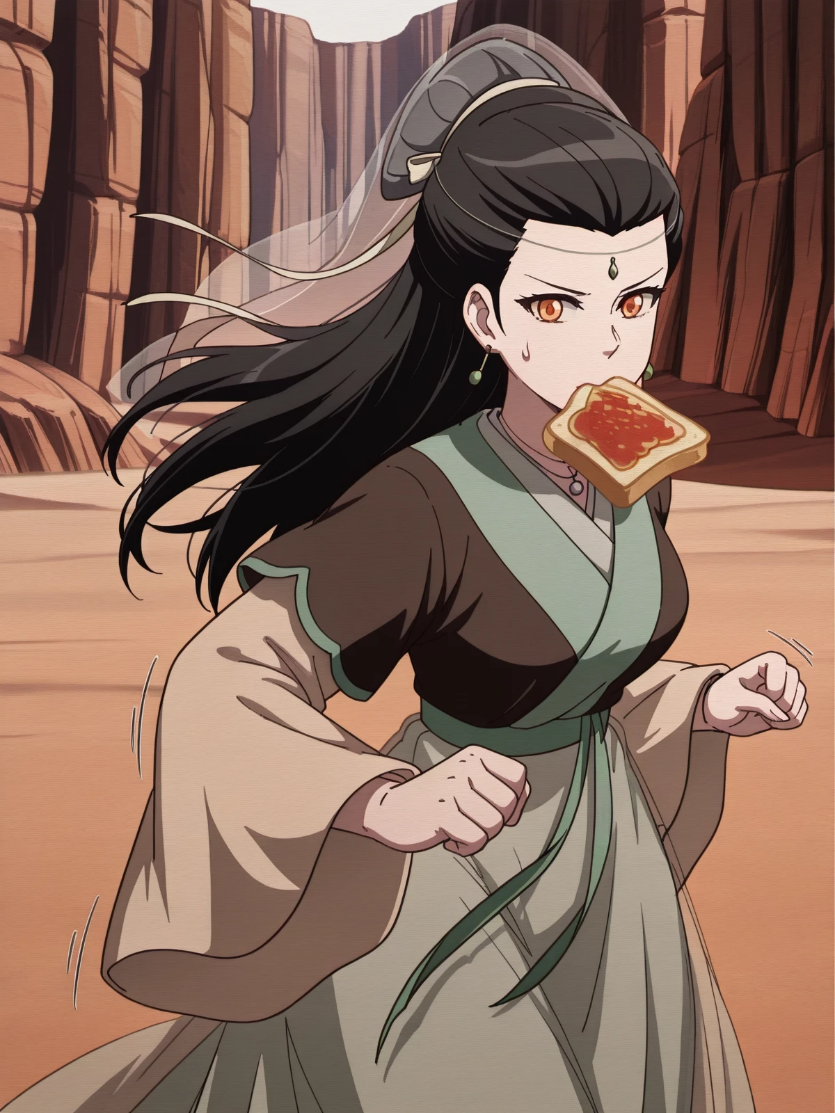 masterpiece, best quality, amazing quality,, <lora:liu-ruyan-ona-illustriousxl-lora-nochekaiser:1>, liu ruyan, long hair, black hair, brown eyes, orange eyes, forehead mark, forehead jewel, half-updo, hair pulled back, hair ribbon, mature female, medium breasts, anime screencap, long sleeves, jewelry, earrings, wide sleeves, necklace, chinese clothes, hanfu, wedding veil,, <lora:food-in-mouth-running-illustriousxl-lora-nochekaiser:1>, food in mouth running, food in mouth, running, bread, bread slice, food, toast in mouth, toast, sweatdrop, motion lines, motion blur, outdoors,, canyon, cliffs, desert, rocky, open, cowboy shot, solo, looking at viewer, <lora:transparent-background-illustriousxl-lora-nochekaiser:1>, transparent background, simple background, white background
