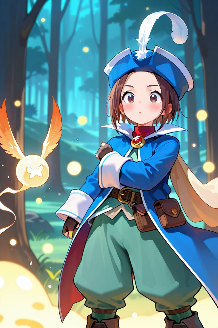magical forest, glowing creatures, floating magical particles, observing unknown monsters, focused expression, fantasy background, highly detailed, masterpiece, best quality,masterpiece, best quality, amazing quality, newest,1boy,burgundy_hair,slick back,dark brown_eyes, <lora:BluemageV1.0_illustrious:1>,bluemage_costume,high collar,green puffy pants,blue coat,bicorne,hat feather, brooch,shoulder cape,capelet ,white cape ,long sleeves,fingerless gloves,belt,belt pouch,brown boots,