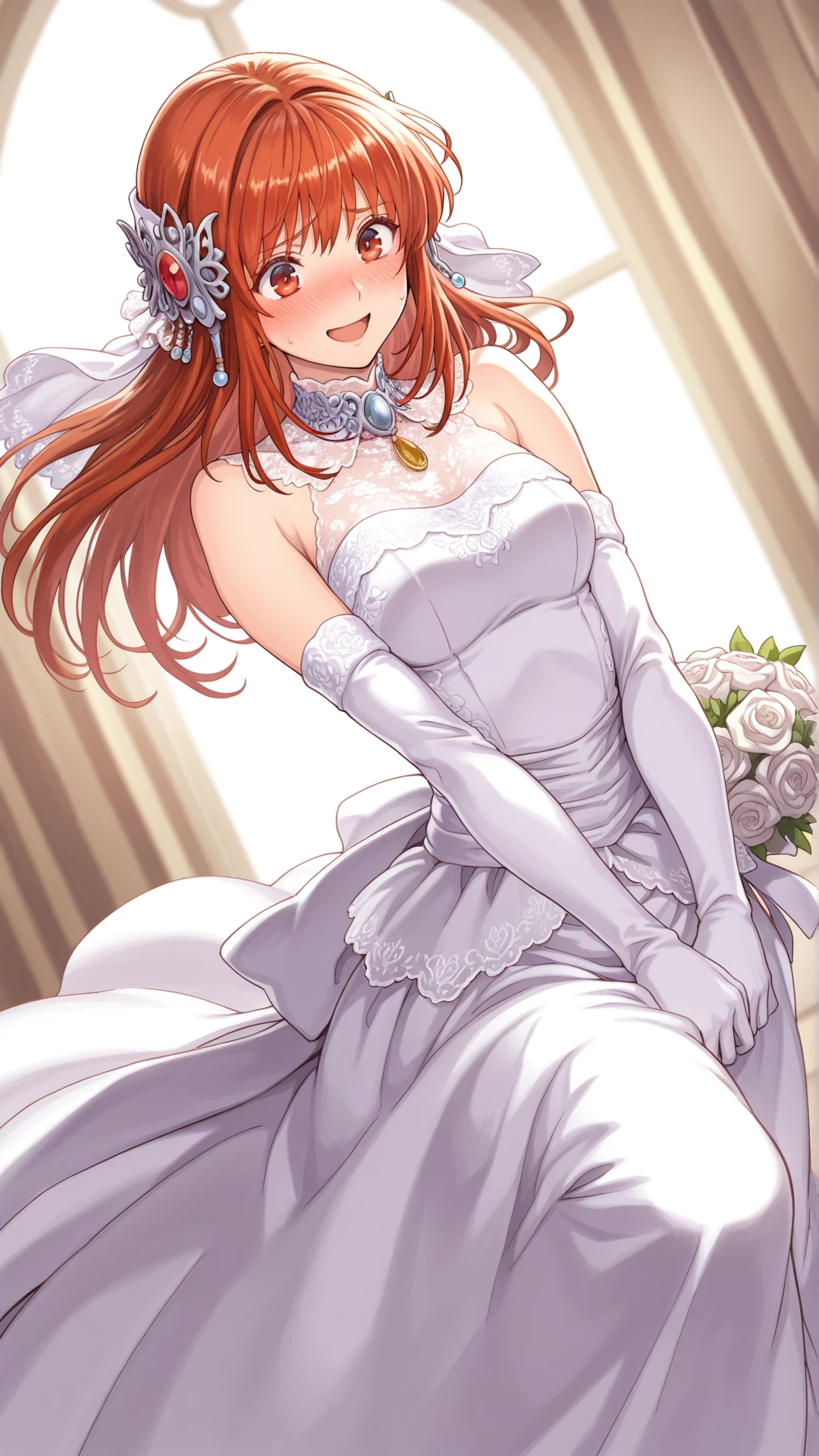Mature Redhead elf in a wedding dress, holding a bouquet of roses
dynamic lighting, two tone lighting, high contrast